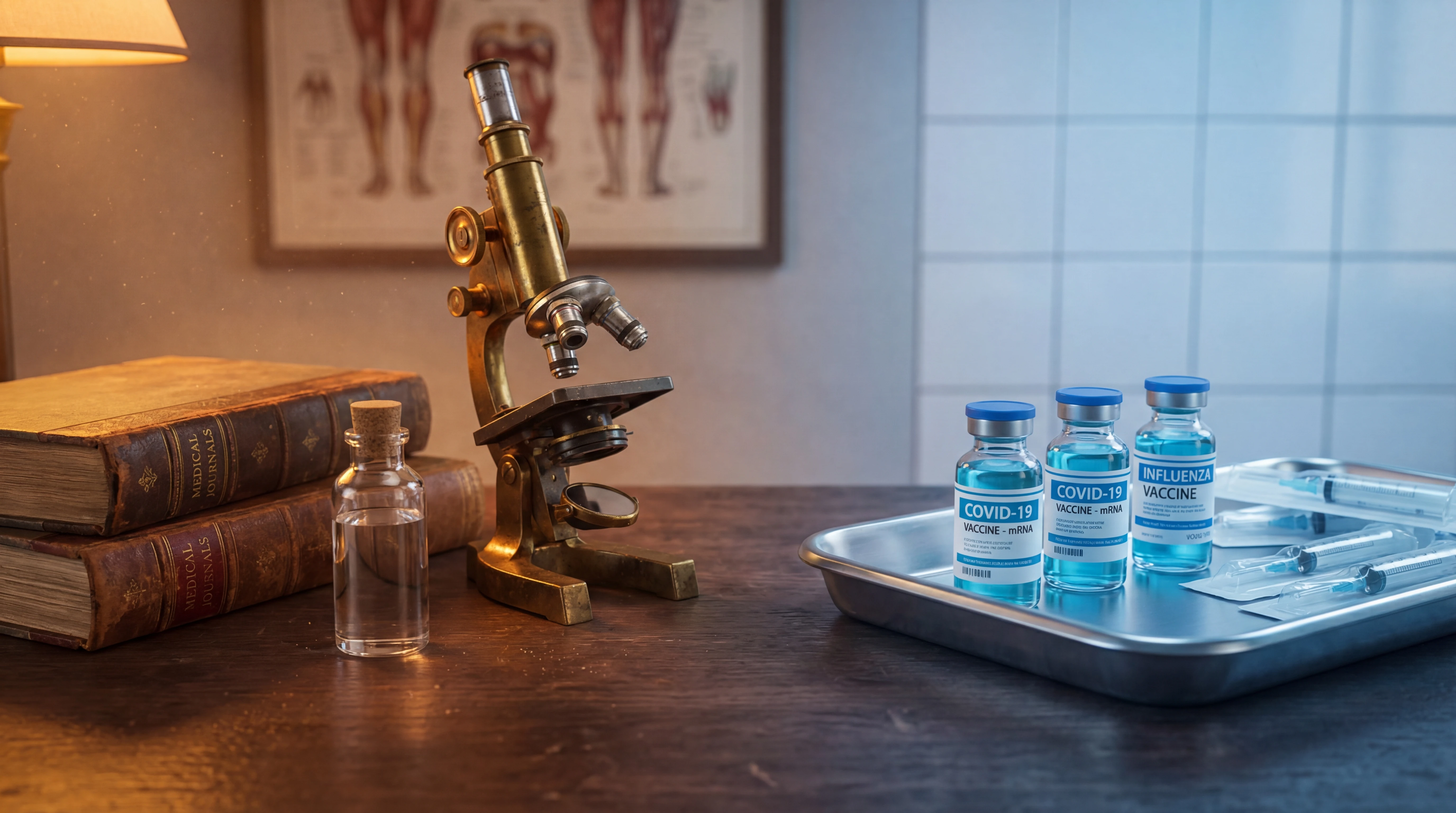 Historical medical instruments and modern vaccine vials arranged on a timeline from the 1800s to present day