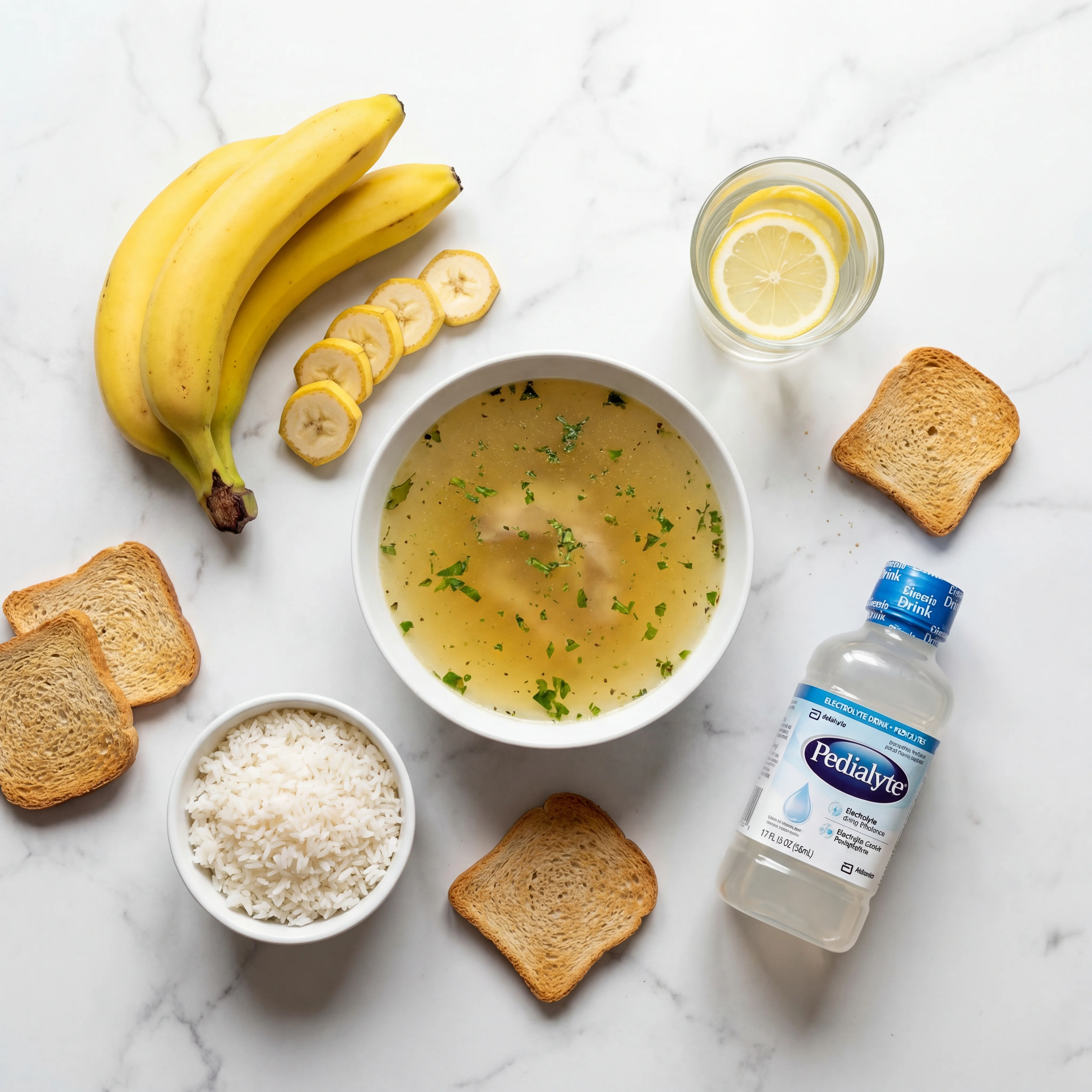 Clear broth, bananas, crackers, and a glass of water arranged on a light surface for stomach recovery