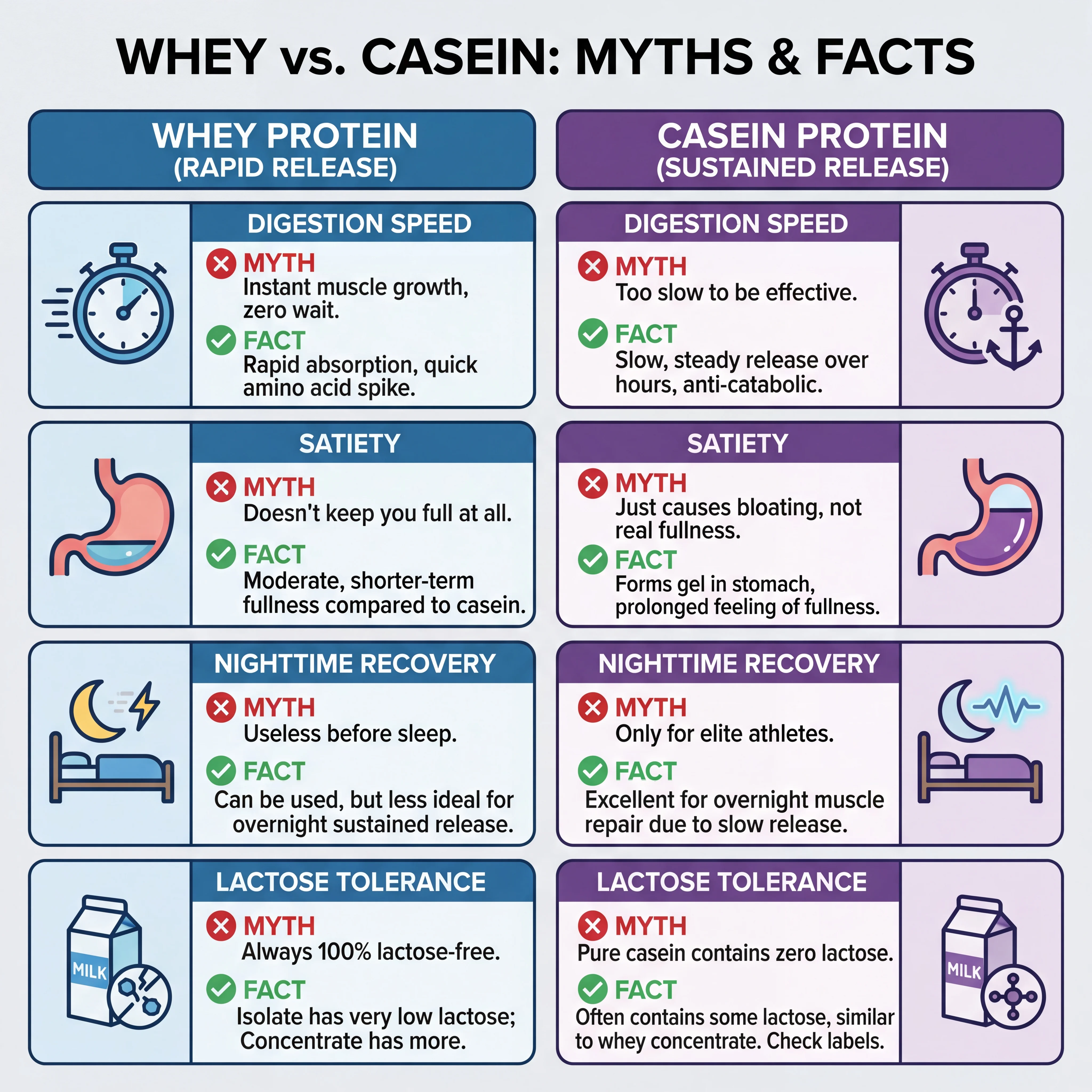 Visual comparison chart summarizing common whey versus casein myths alongside evidence-based facts
