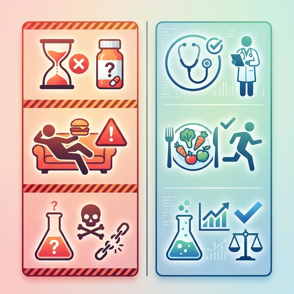 Side-by-side comparison graphic contrasting common misconceptions about GLP-1 drugs with evidence-based clinical facts