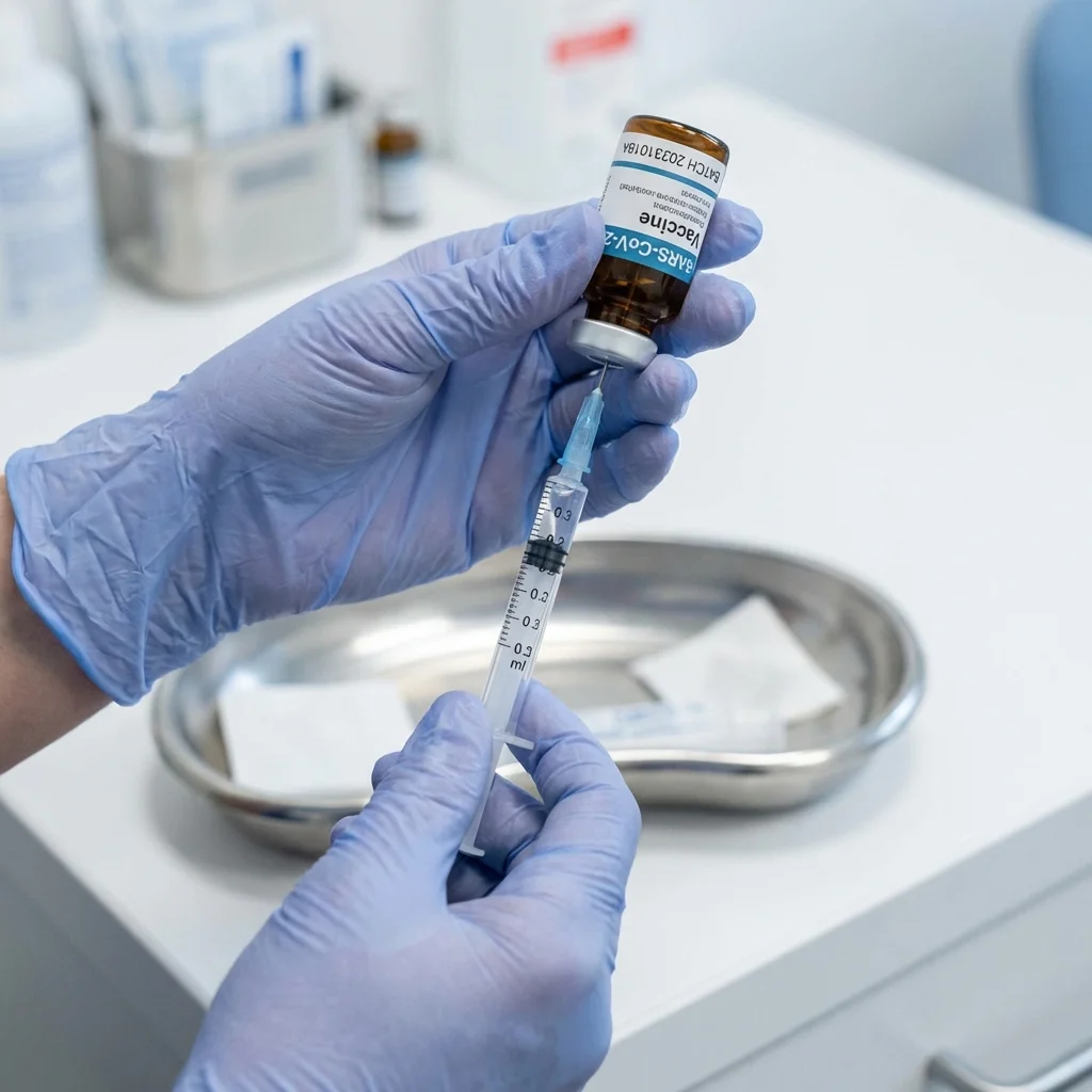 Gloved hands drawing a vaccine dose from a glass vial with a syringe in a sterile clinical setting