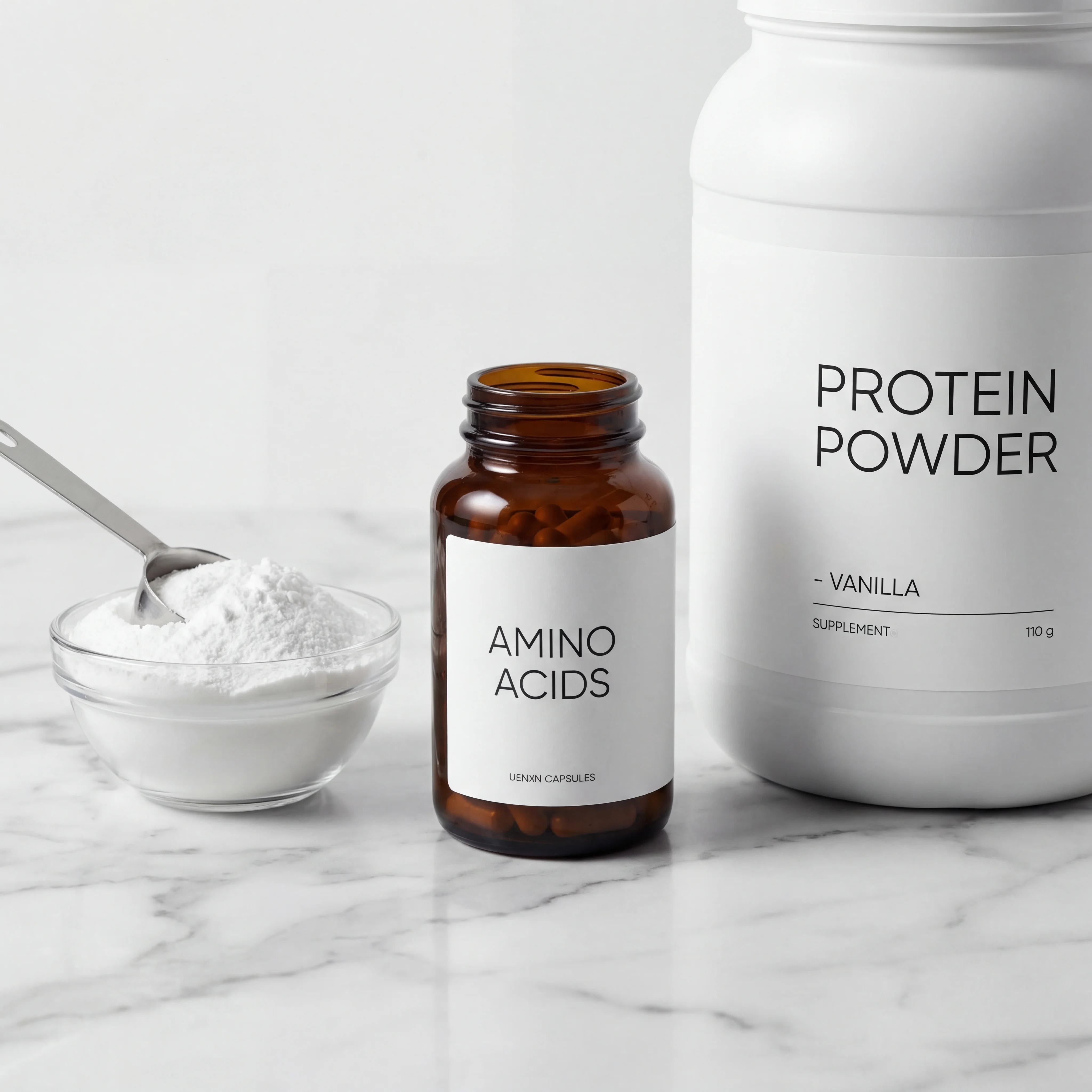 Close-up of creatine monohydrate powder, protein supplement containers, and essential amino acid capsules arranged on a clean surface, representing the evidence-based supplement stack for GLP-1 muscle preservation