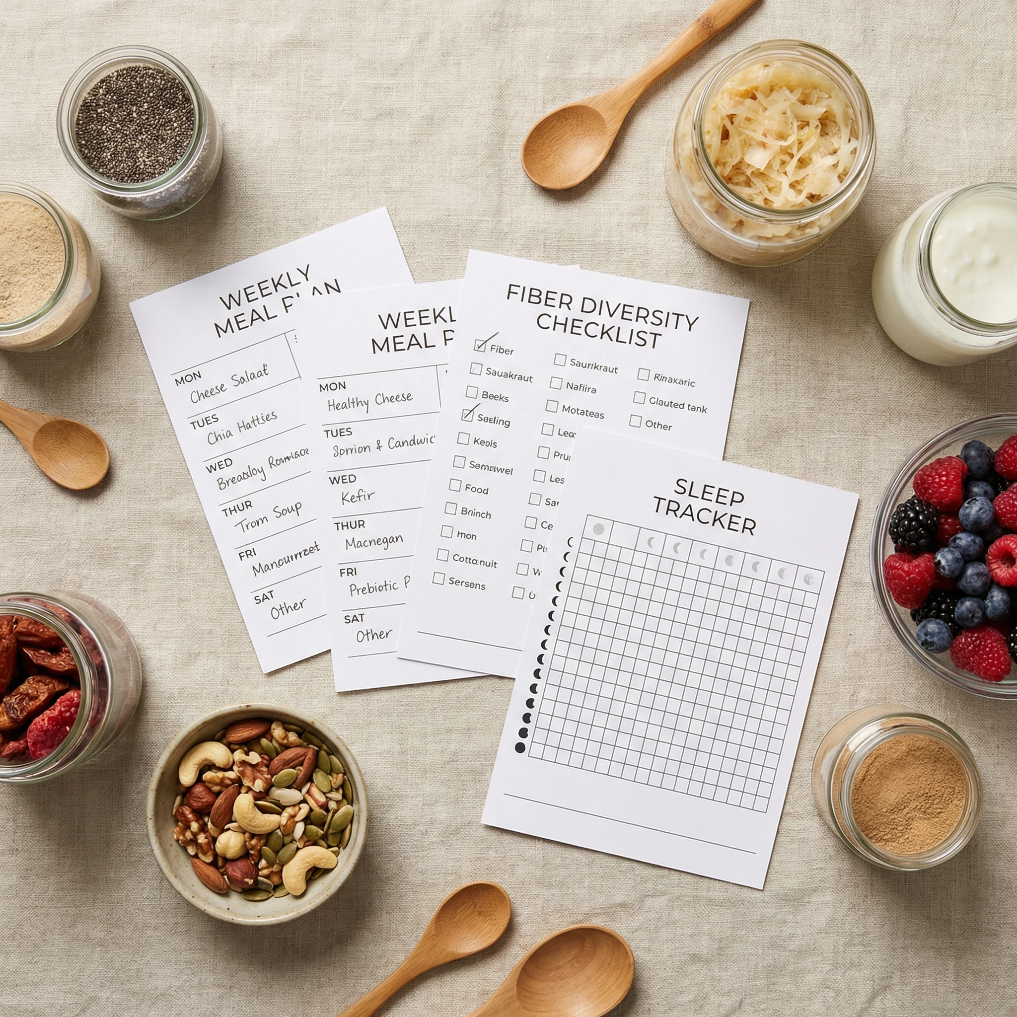 Organized gut health routine board with meal cards, symptom tracker, sleep log, and weekly planning tools.