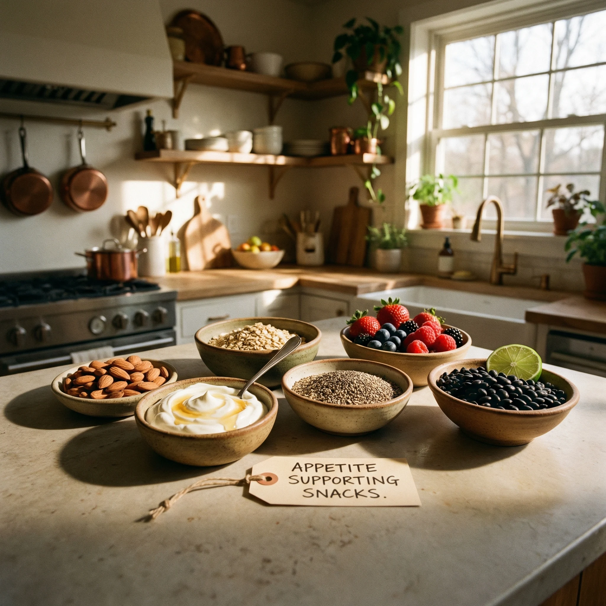Portioned satiety-supporting snack options including nuts, yogurt, oats, beans, and berries