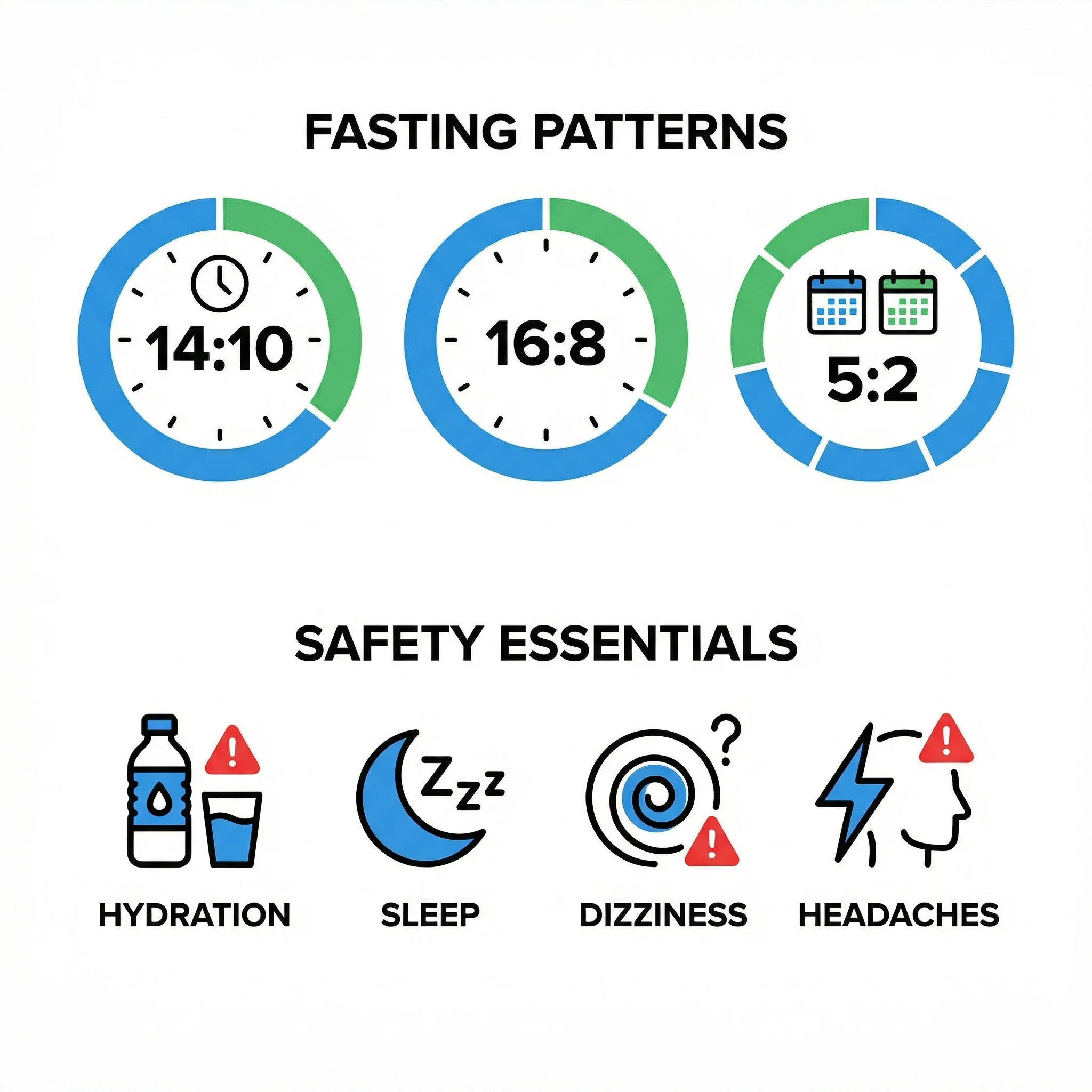 Simple infographic with timeline blocks for 14:10, 16:8, and 5:2 fasting patterns plus hydration and warning icons.