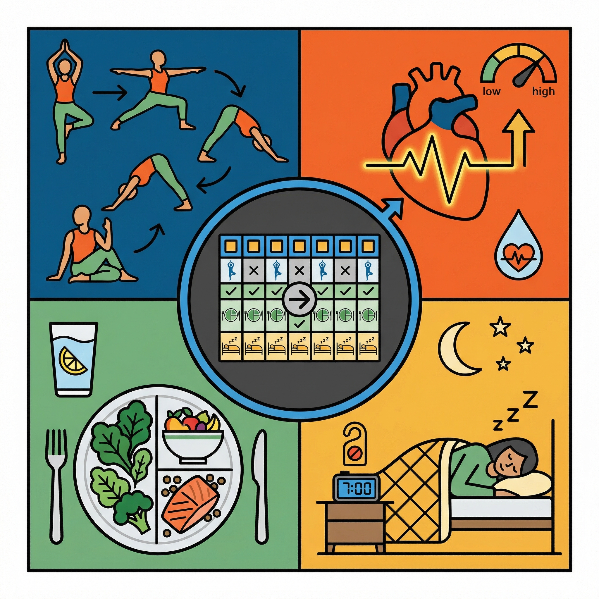 Infographic-style visual showing yoga, nutrition, sleep, and weekly planning habits for weight management.