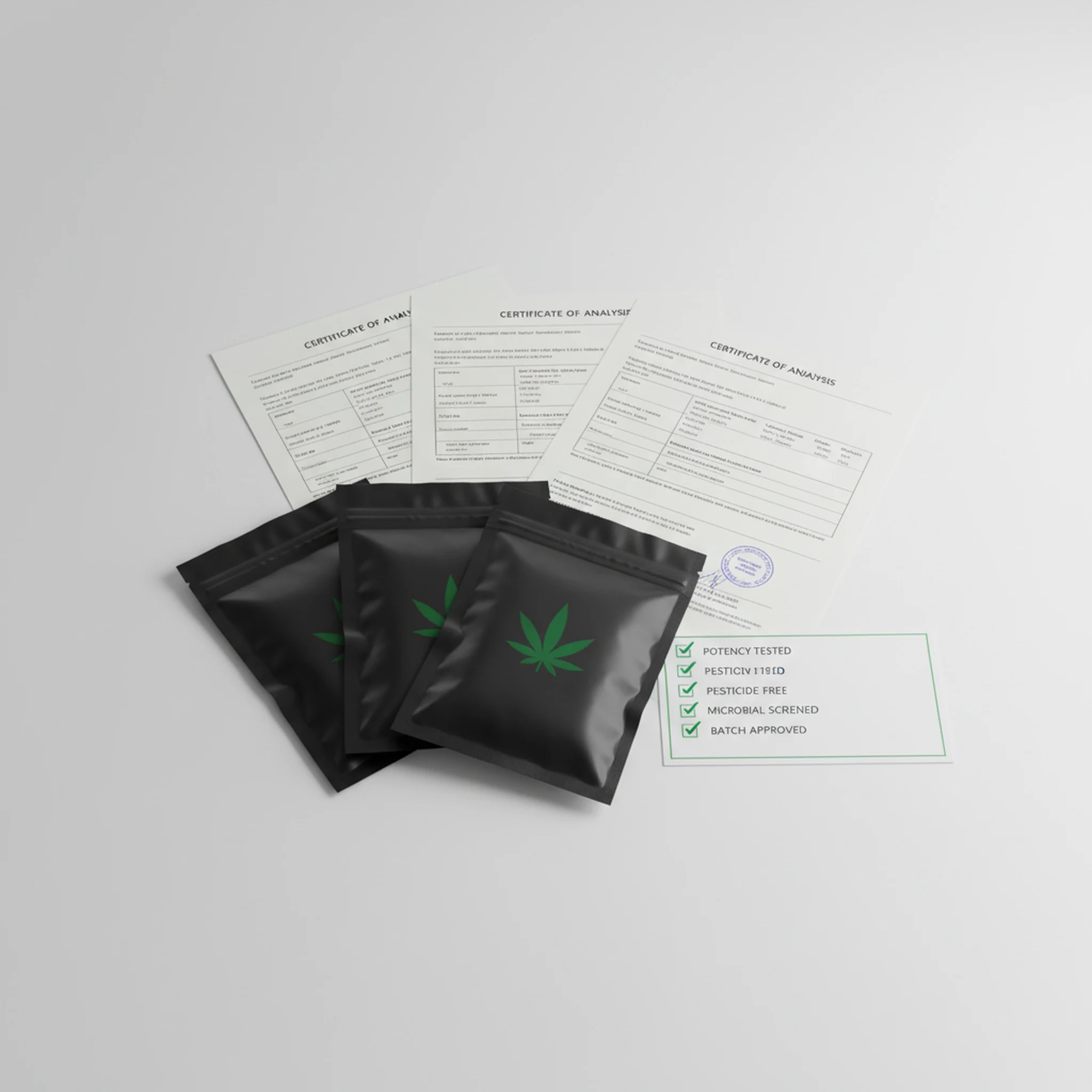 Medical cannabis product packages placed beside laboratory quality certificates and a printed safety checklist