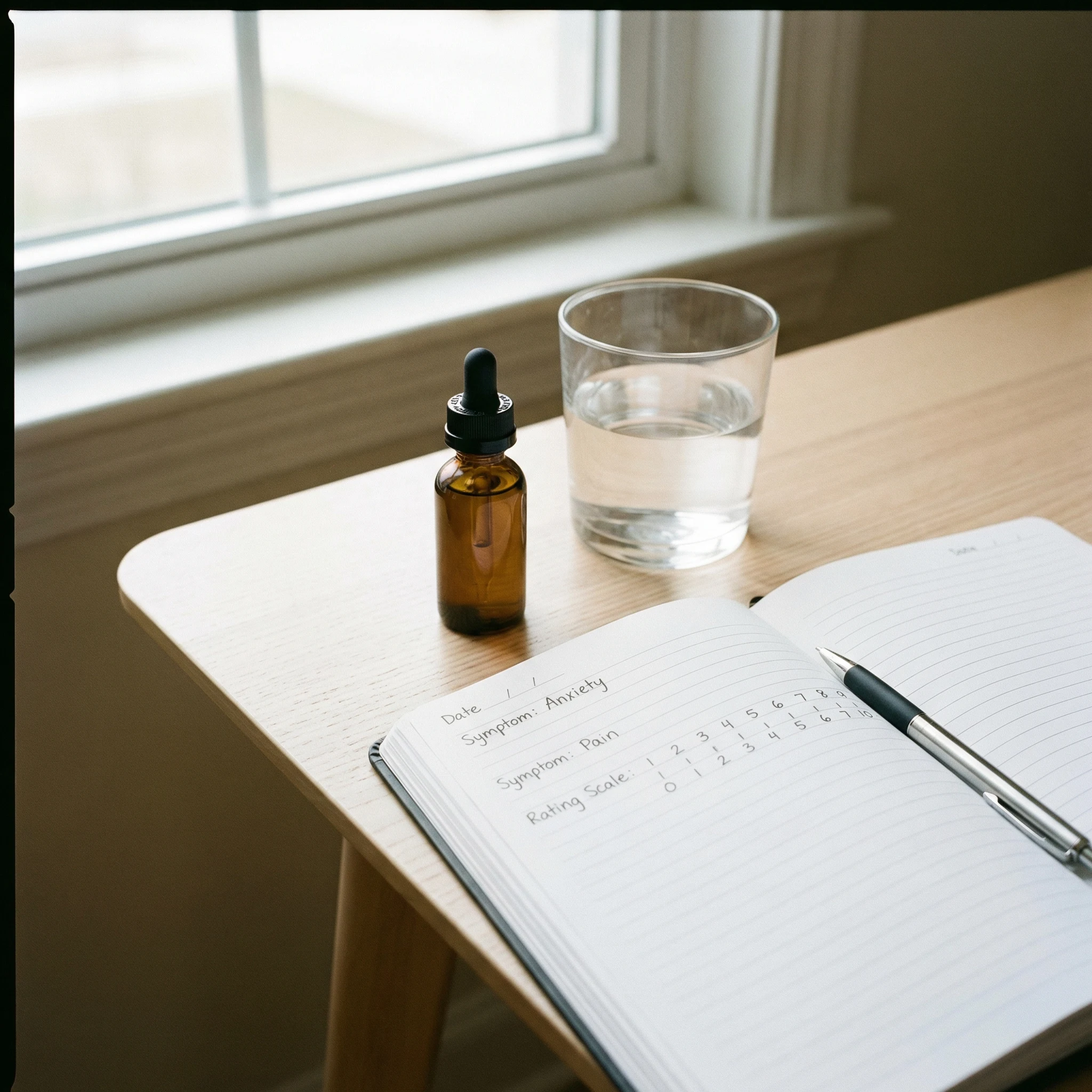 CBD dropper bottle, water glass, and symptom tracking journal on a desk