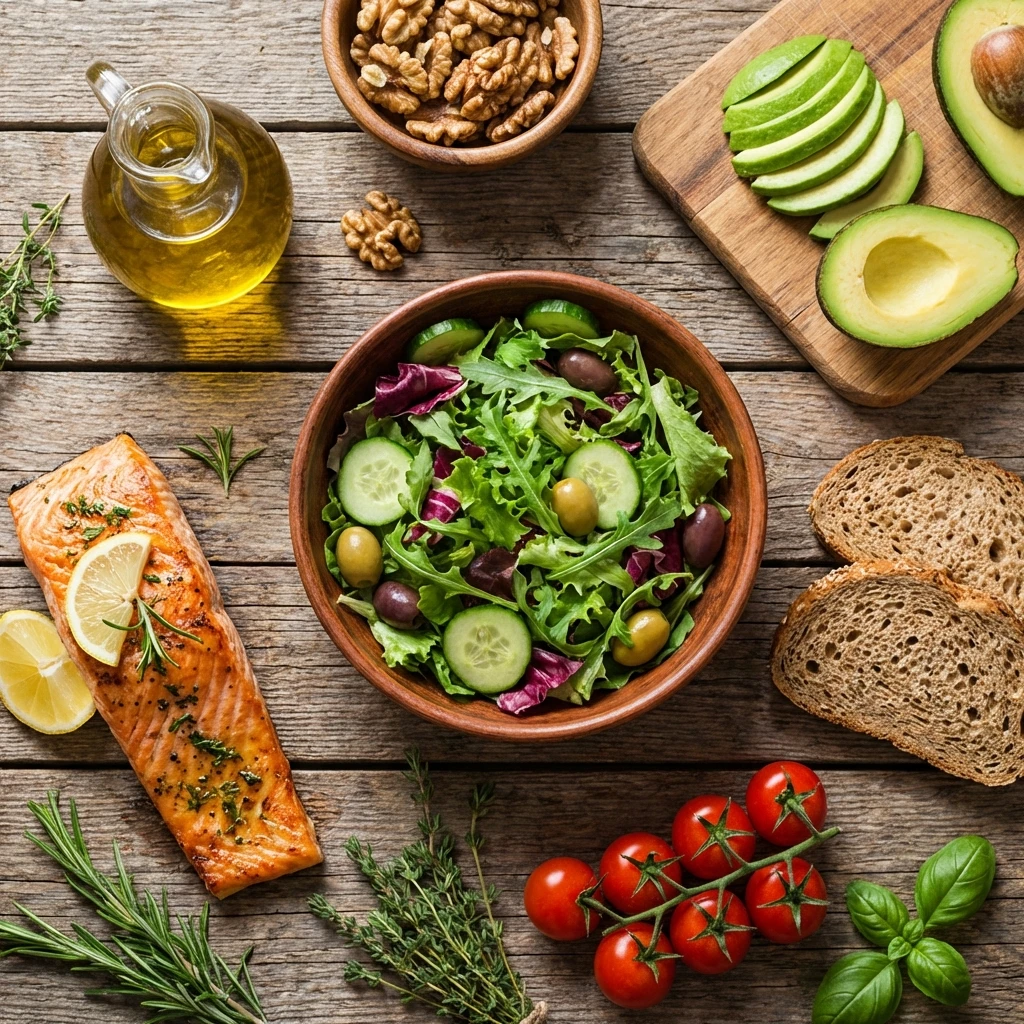 Overhead view of a Mediterranean diet spread with salmon, leafy greens, olive oil, walnuts, and whole grain bread