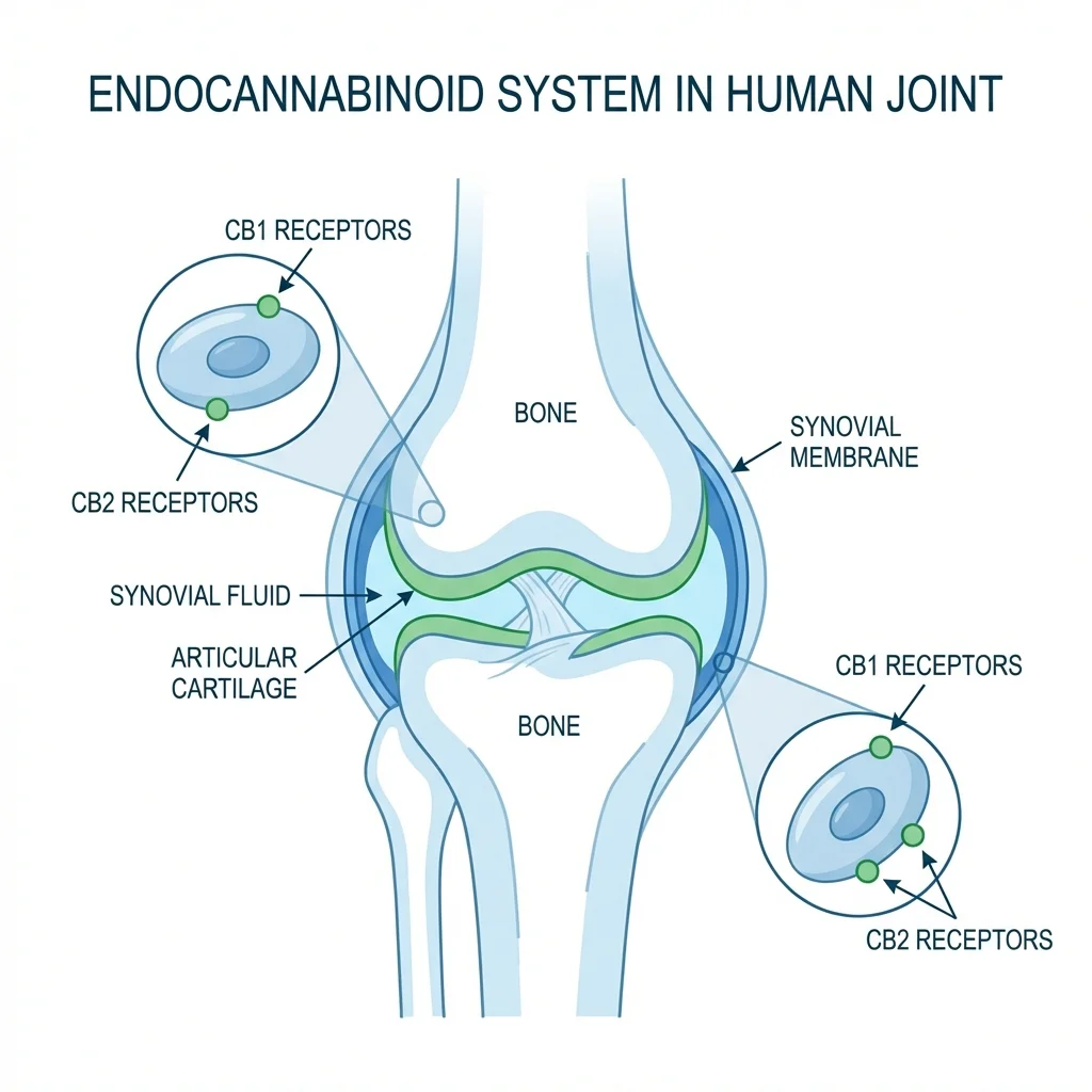 Medical diagram of CB1 and CB2 receptors in human joint cartilage and synovial membrane