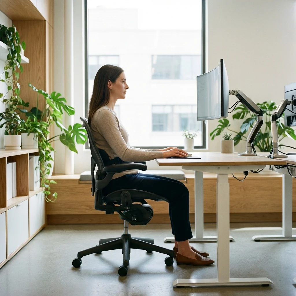 Proper ergonomic desk setup showing correct sitting posture with lumbar support and monitor at eye level