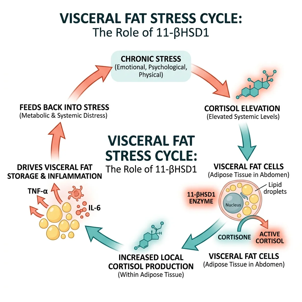 Infographic showing the cortisol fat storage cycle with 11-beta-HSD1 enzyme converting cortisone to active cortisol inside visceral fat cells