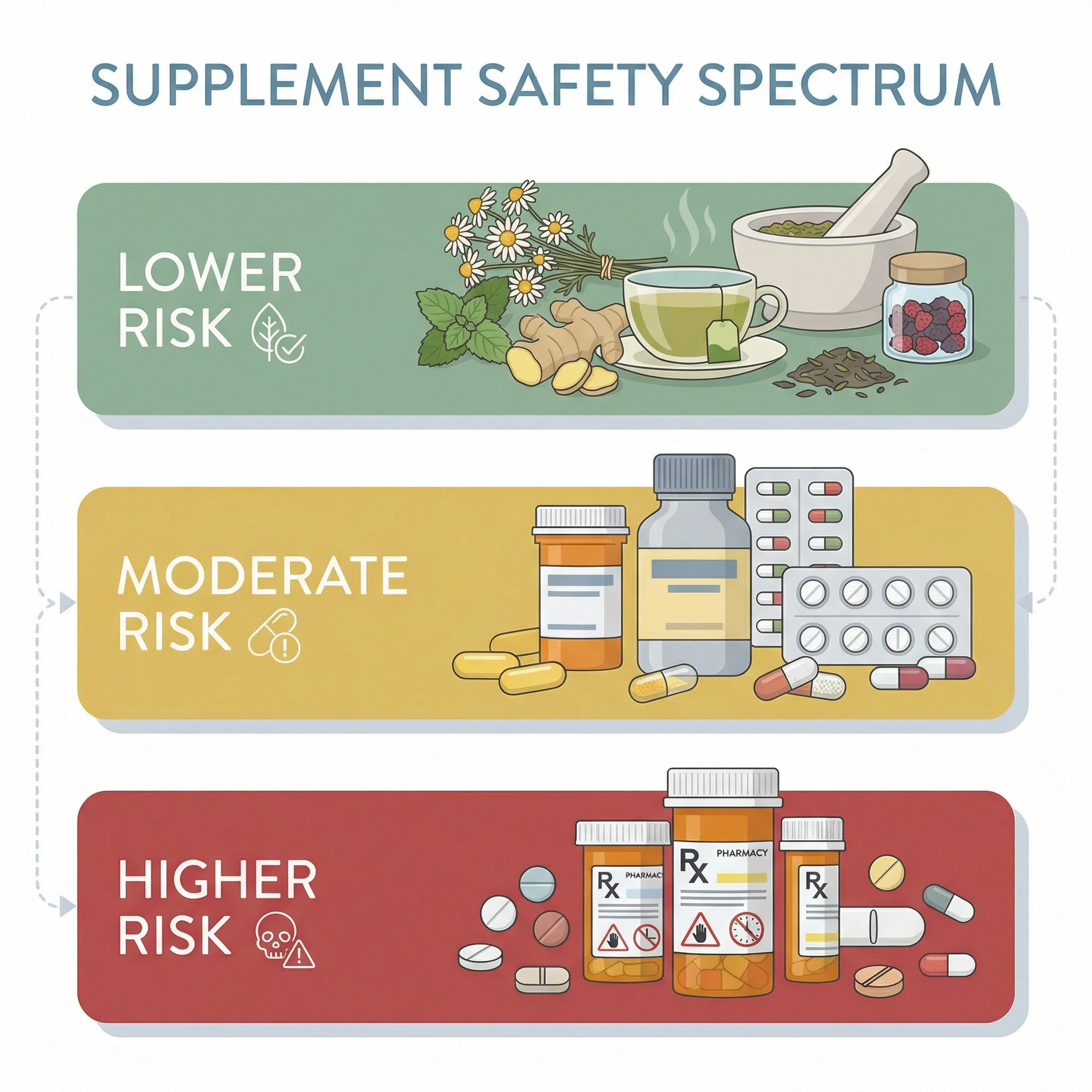 Infographic showing three tiers of nootropic safety: low-risk natural options, moderate-risk synthetic compounds, and high-risk prescription stimulants