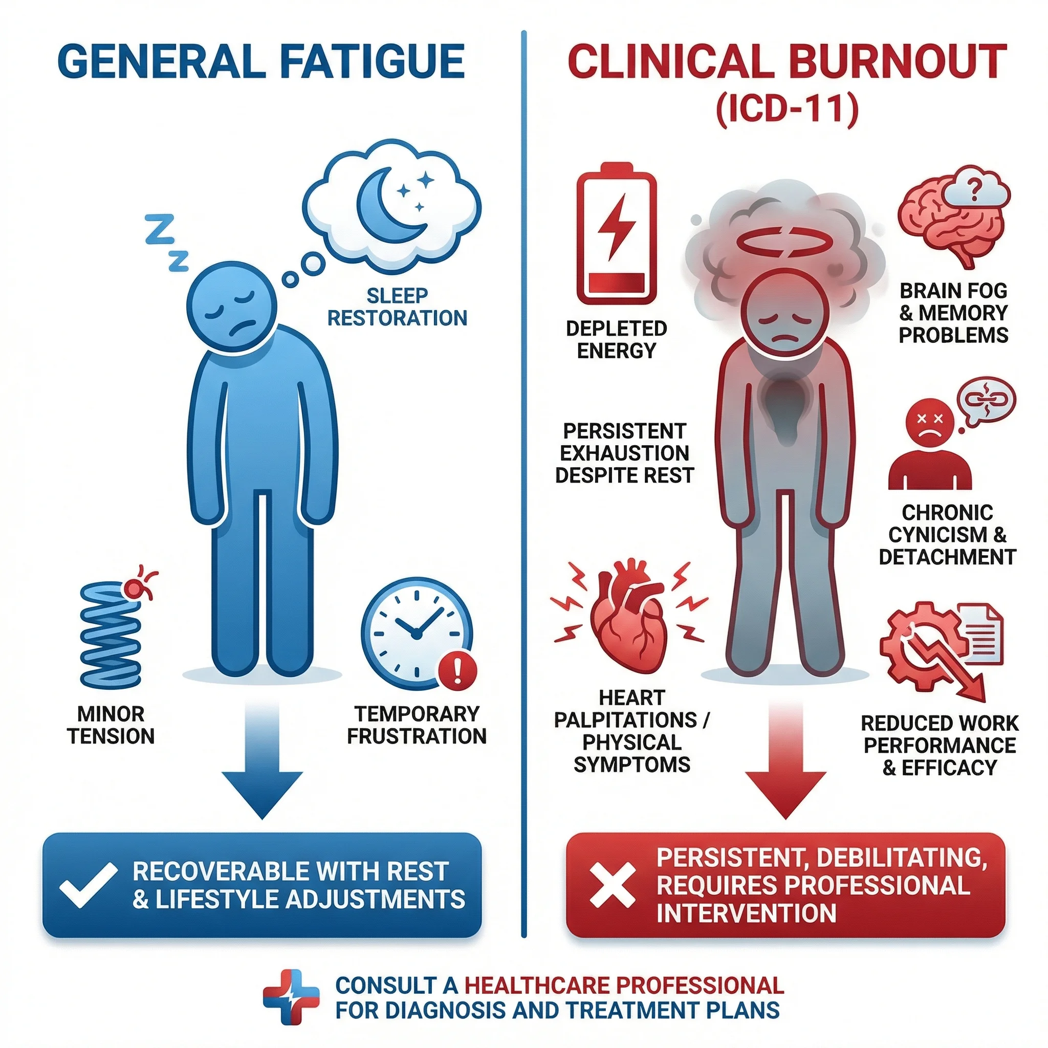 Infographic comparing general fatigue symptoms on the left with clinical burnout ICD-11 criteria on the right