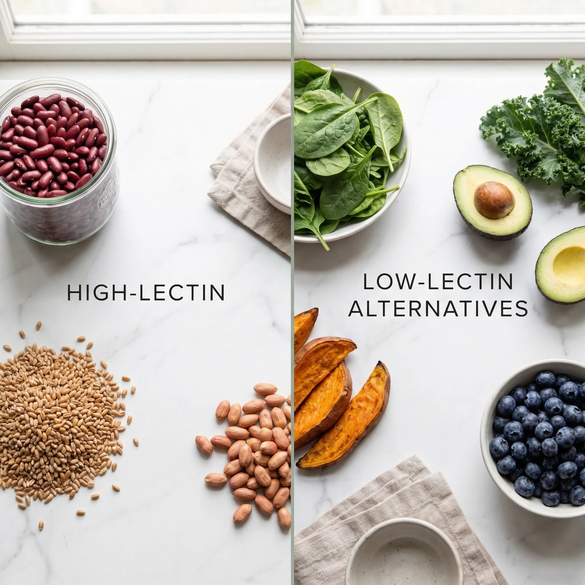 Side-by-side comparison of high-lectin and low-lectin food groups with nutritional data