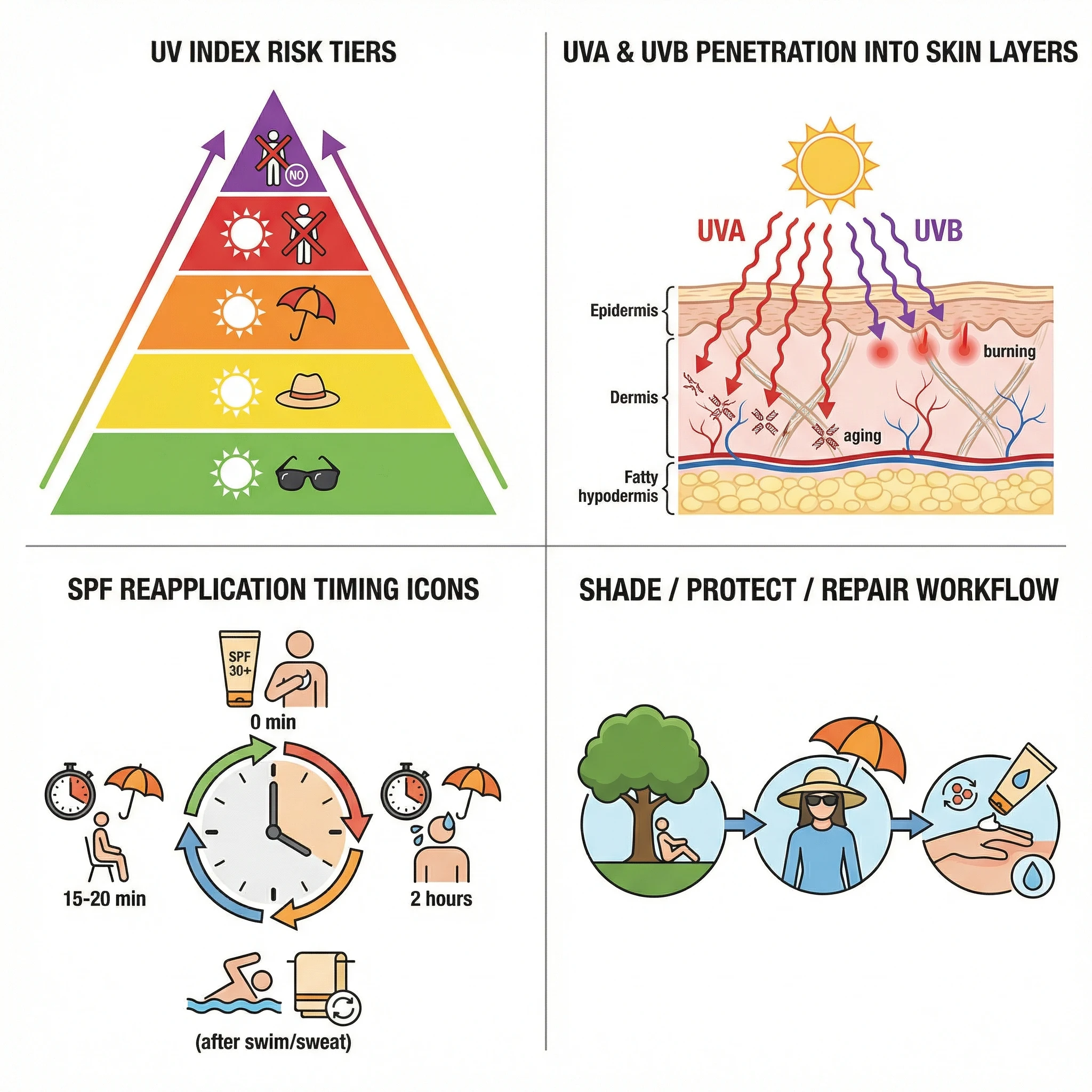 Infographic-style visual showing UV index tiers, UVA and UVB skin penetration, and a shade-protect-repair workflow with iconography
