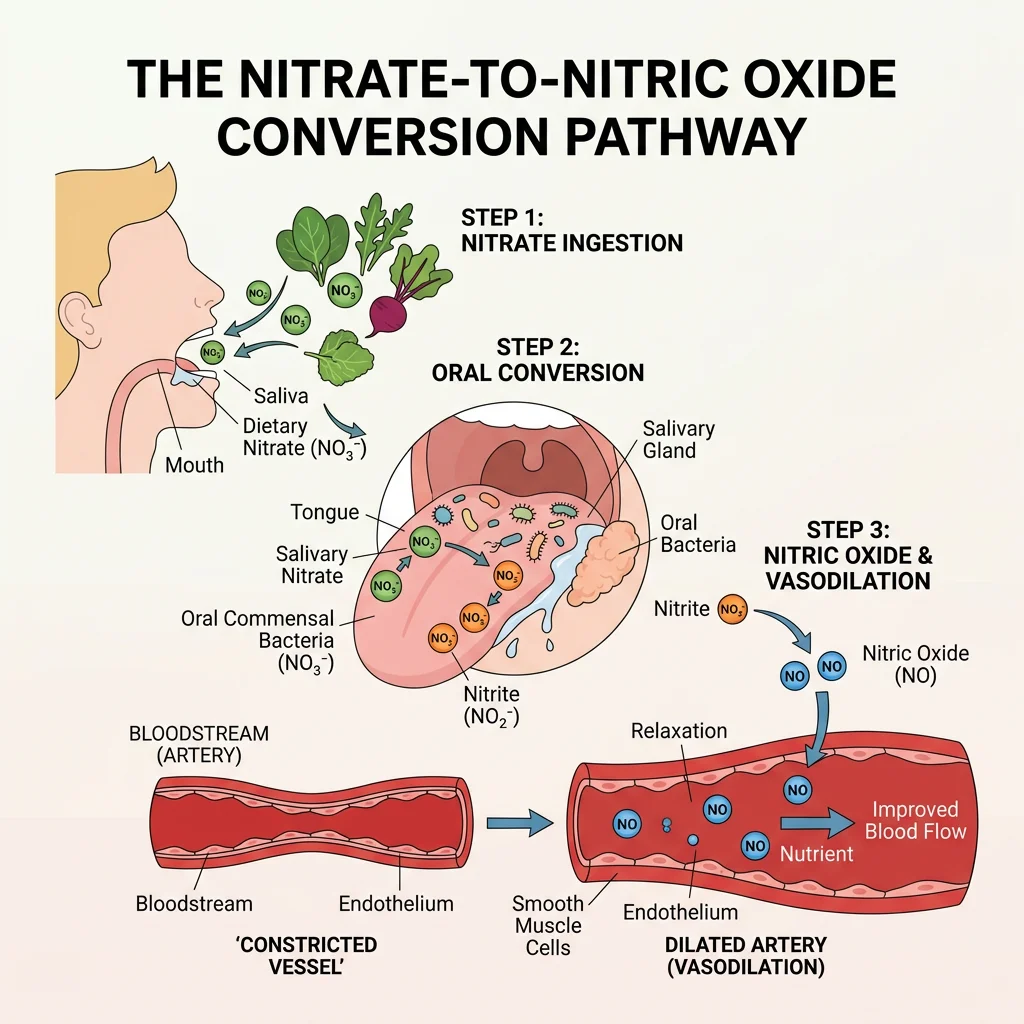Illustrated diagram showing the three-step conversion from dietary nitrate in vegetables through oral bacteria to nitric oxide in the bloodstream