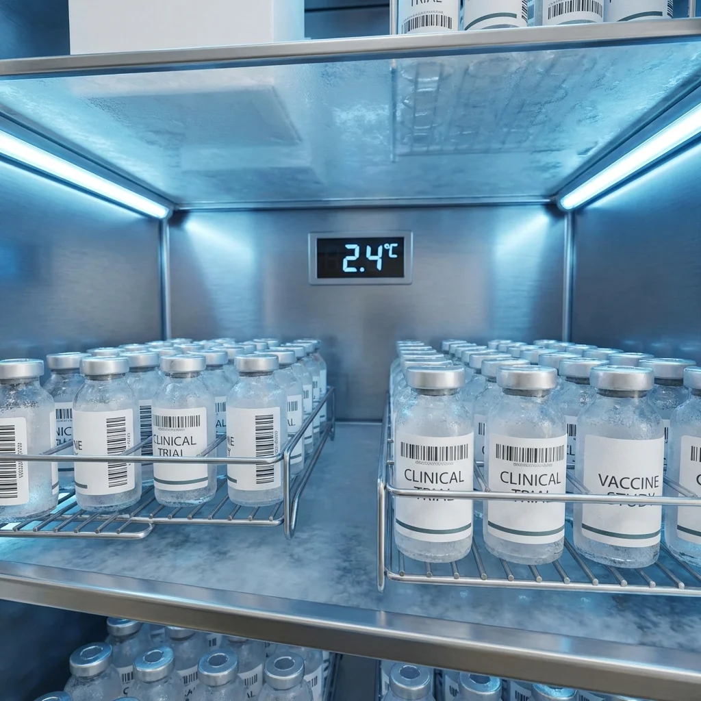 Rows of labeled clinical trial vials in a refrigerated medical storage unit