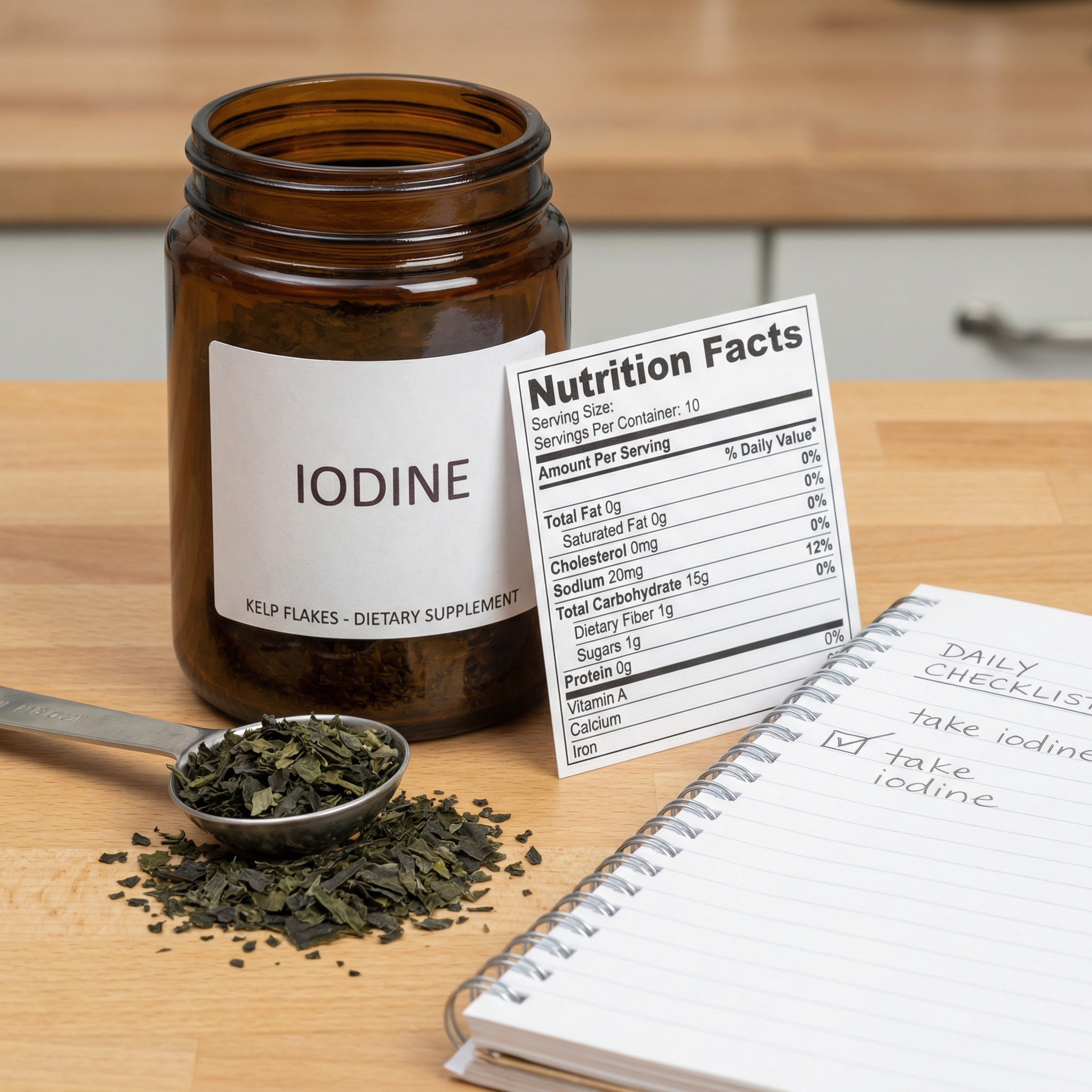 Iodine supplement label and seaweed flakes next to measuring spoon and safety checklist notes.