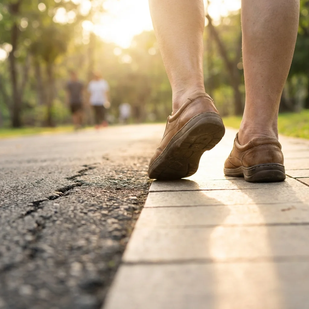 Elderly person's feet walking confidently on a bright path, viewed from ground level, showing improved mobility