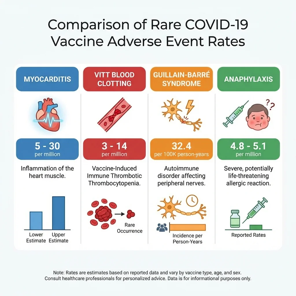 Infographic comparing rates of rare vaccine adverse events including myocarditis, VITT, GBS, and anaphylaxis across vaccine platforms
