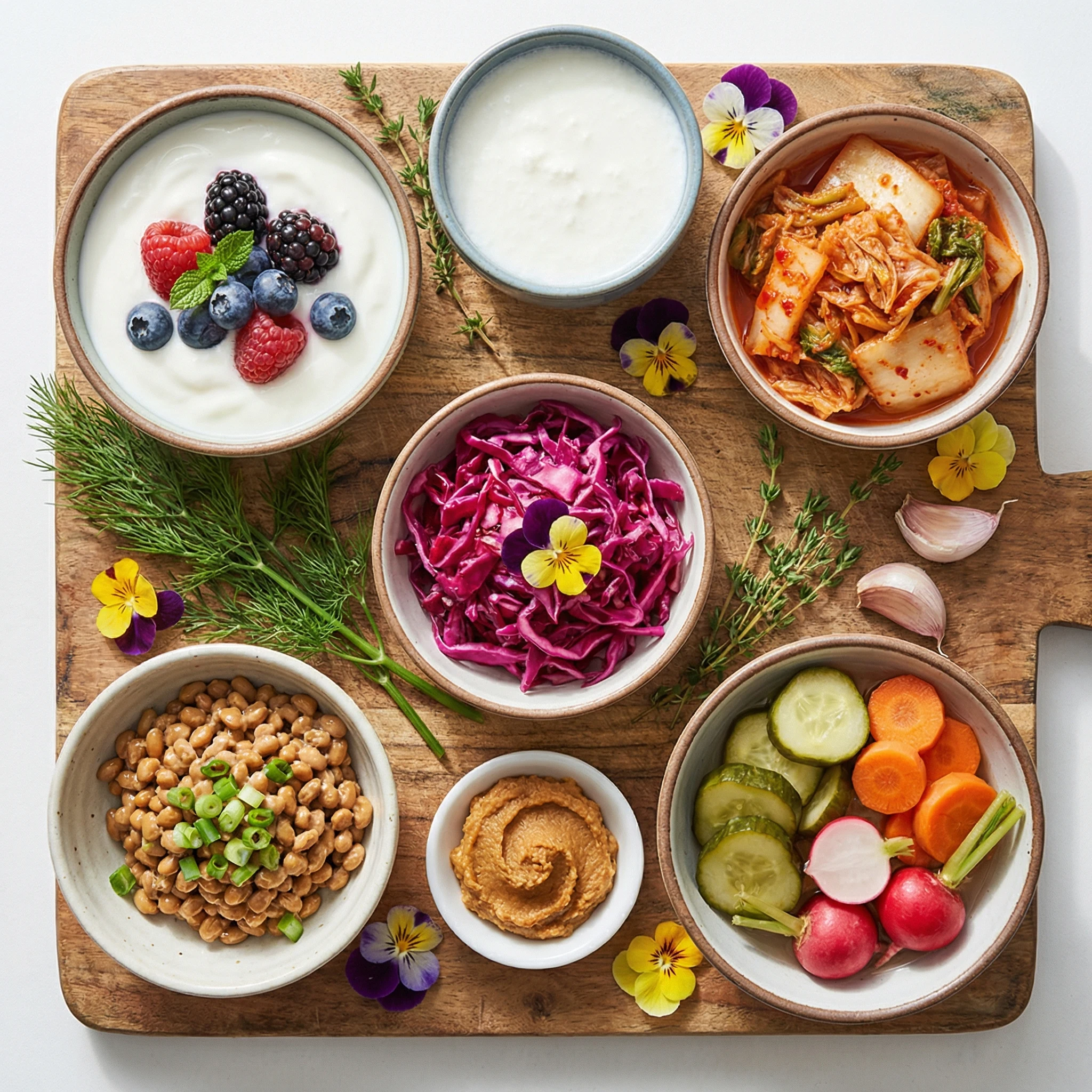 Top-down board with yogurt, kefir, kimchi, sauerkraut, miso, and fermented pickles prepared for a probiotic meal