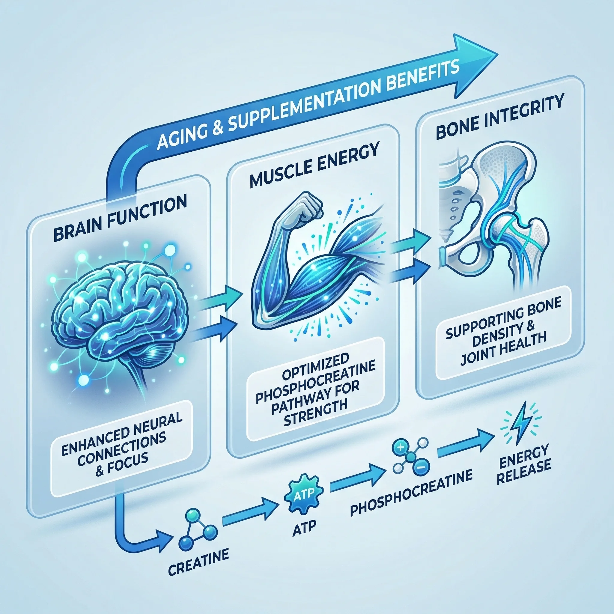 Infographic comparing creatine effects across brain cognition, muscle mass, and bone density in adults over 60