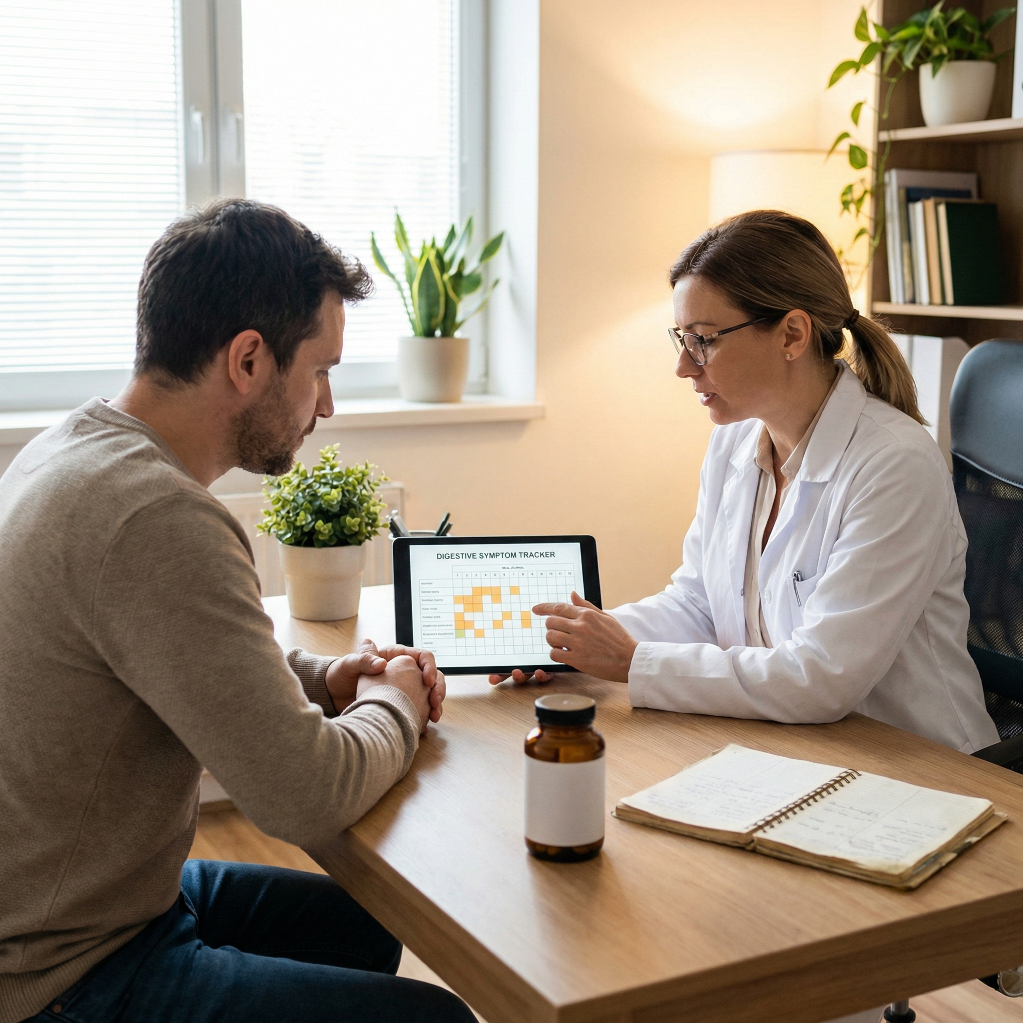 Clinician and adult patient reviewing a digestive symptom log and probiotic plan during a consultation.