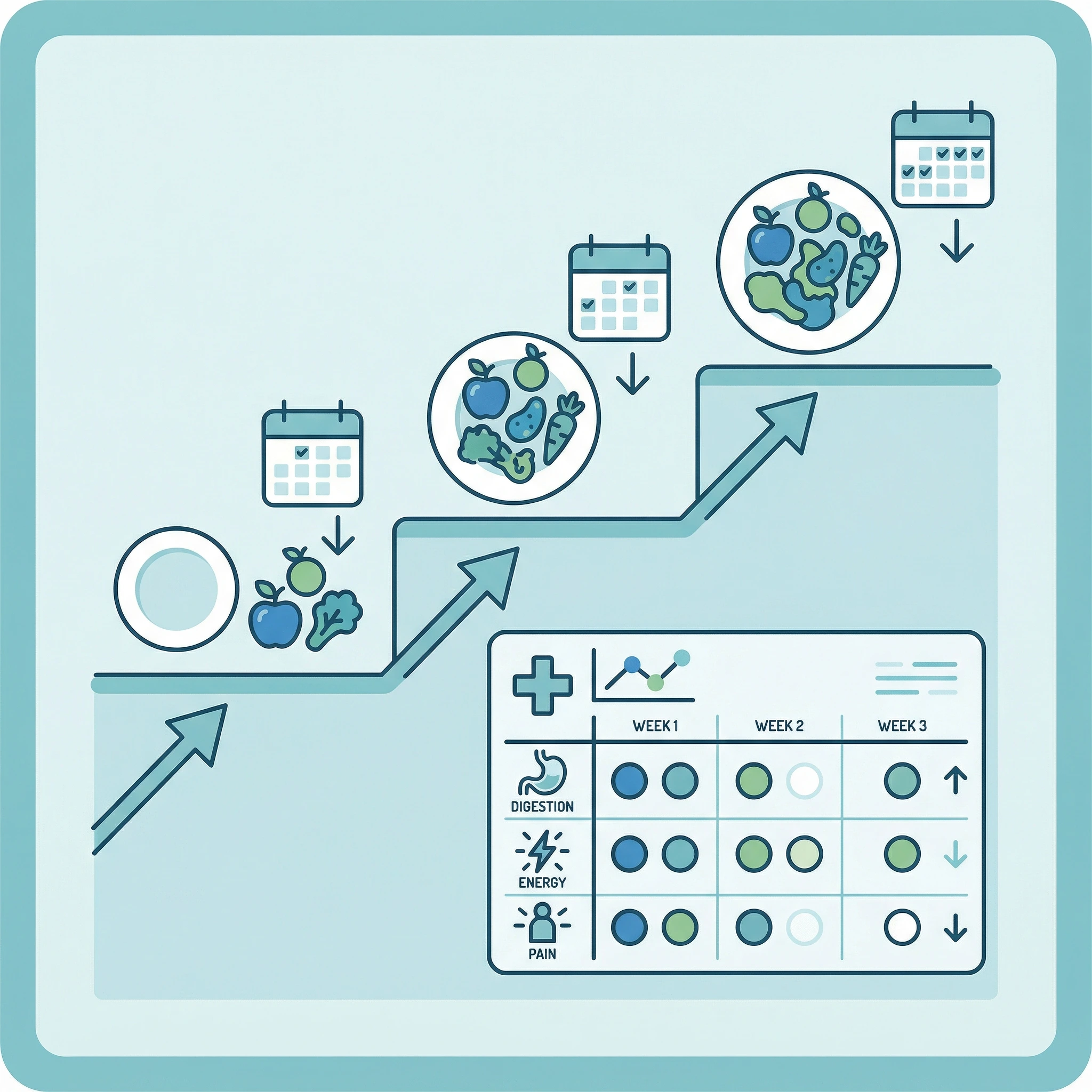 Step-by-step reintroduction ladder infographic showing small medium and large test portions with symptom tracking checkpoints
