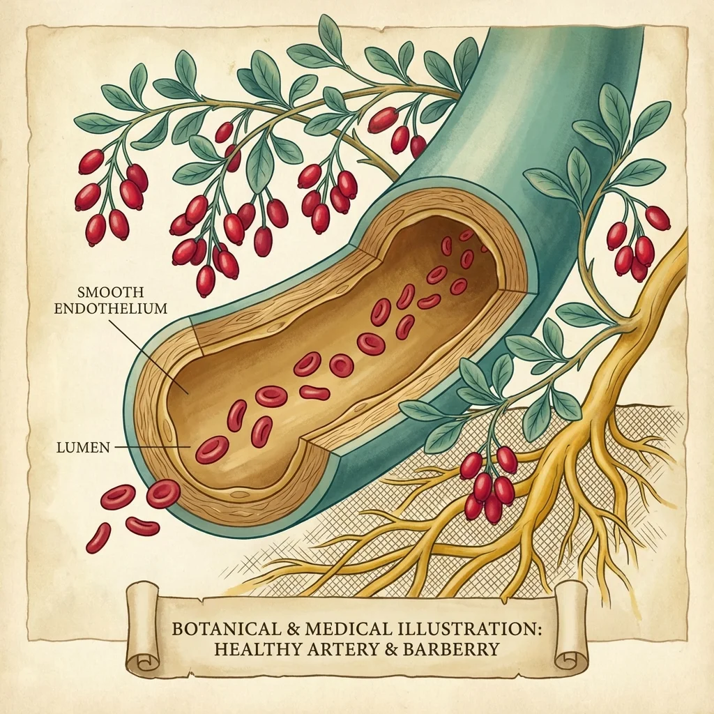 Cross-section illustration of a healthy artery with clean blood flow alongside berberine-rich barberry plants