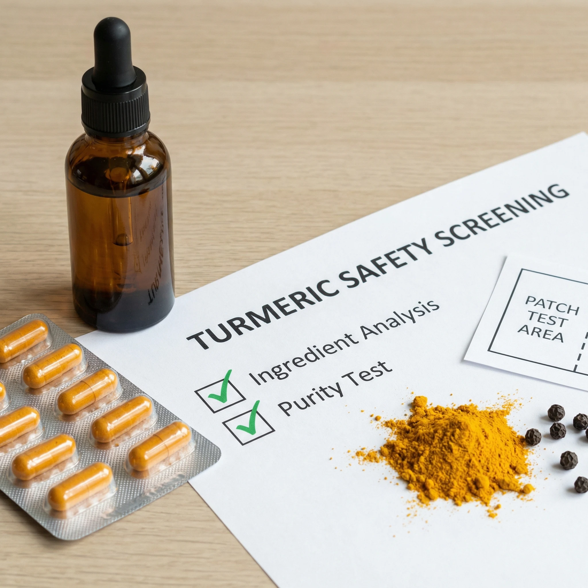 Supplement and topical safety screening setup with ingredient checklist, turmeric powder, and black pepper to represent careful dosing decisions