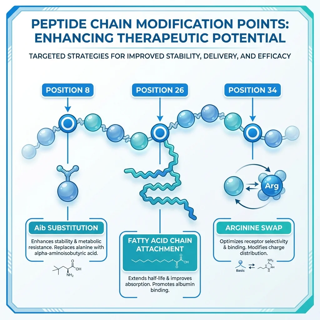 Diagram of semaglutide showing the three molecular modifications at positions 8, 26, and 34
