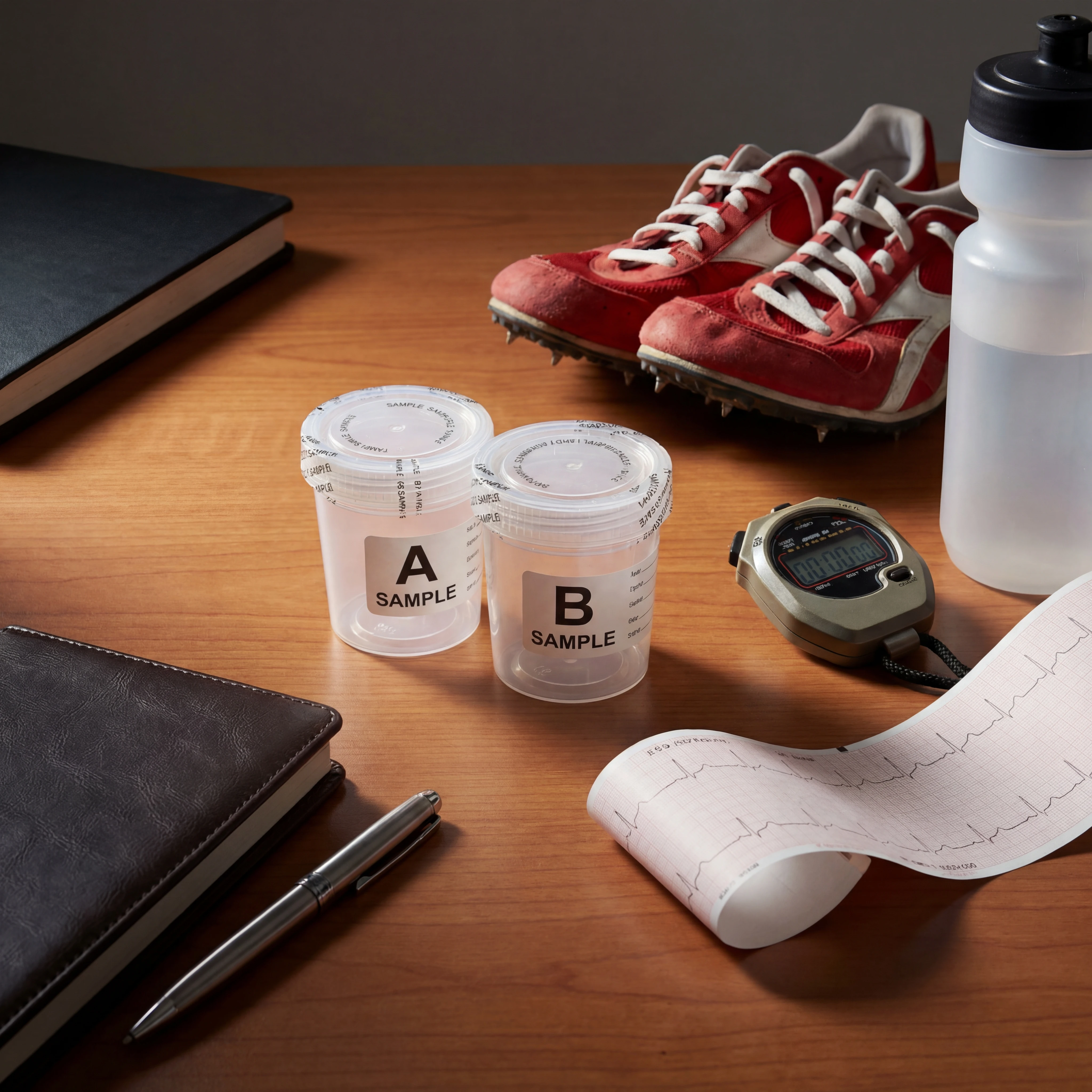 Still life of anti-doping sample cups, running gear, and ECG strip illustrating overlap between sports performance and cardiovascular monitoring.