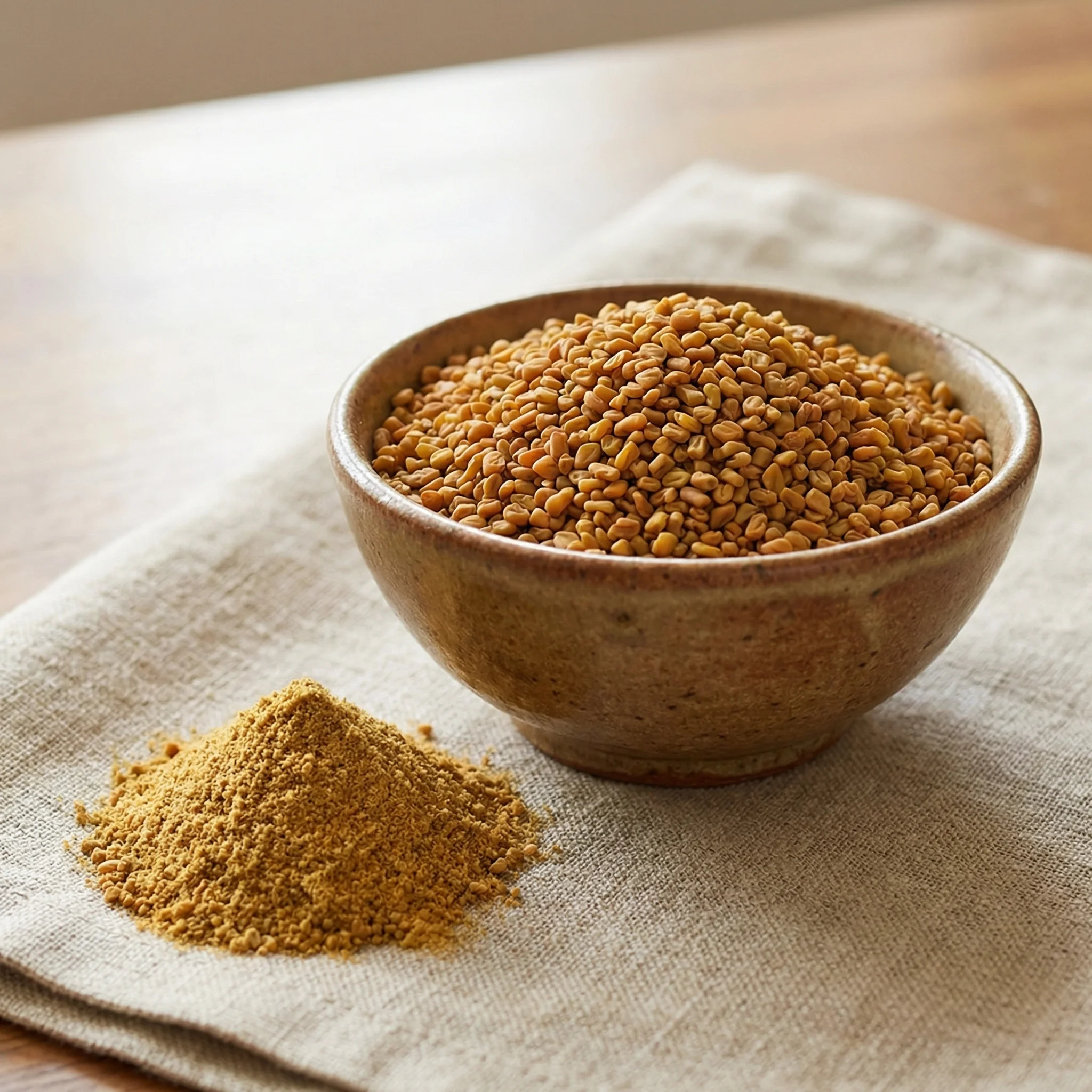 Golden fenugreek seeds in a small ceramic bowl next to ground fenugreek powder