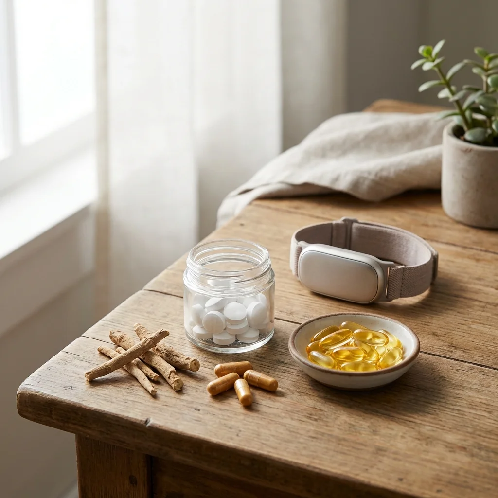 Natural stress recovery supplements including ashwagandha root, magnesium, omega-3 capsules, and a vagus nerve stimulation device