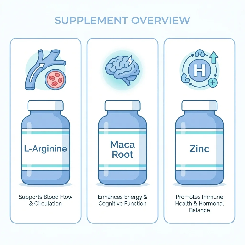 Infographic comparing L-arginine, maca root, and zinc with their mechanisms, clinical dosages, and efficacy ratings