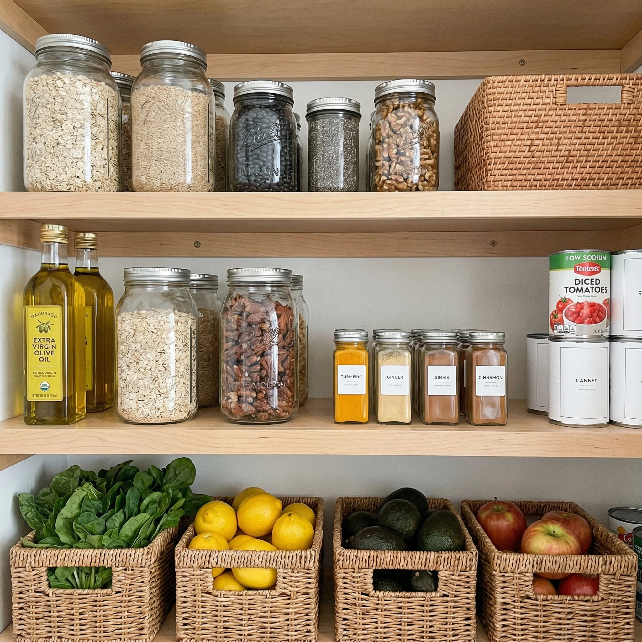 Organized pantry shelf with olive oil, oats, beans, nuts, seeds, tomatoes, and produce for anti-inflammatory meal planning.