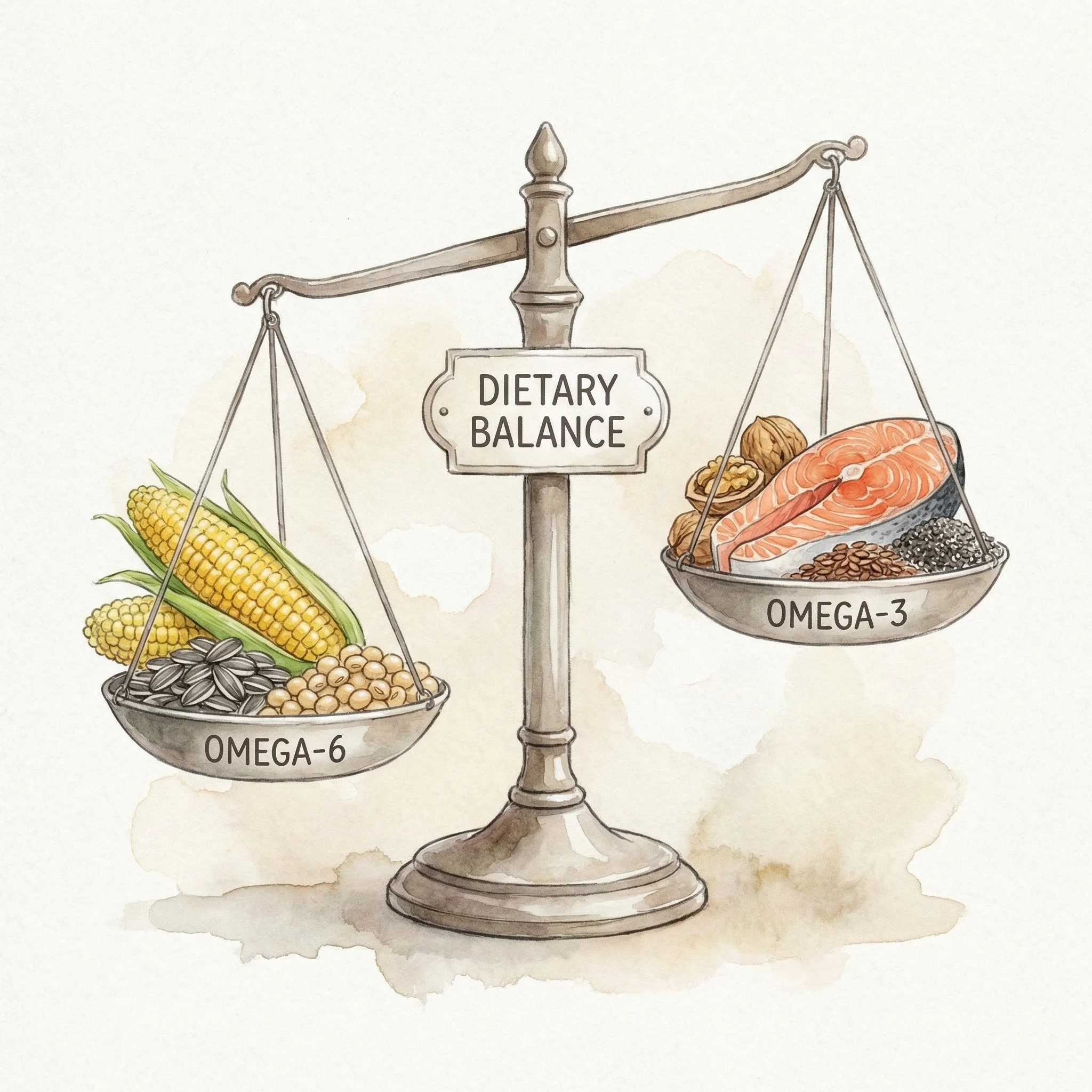 Balanced scale illustration comparing omega-6 and omega-3 food sources with recommended daily proportions