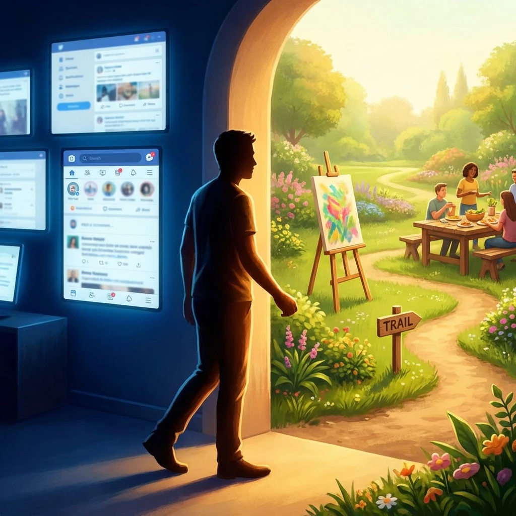 Person walking through a doorway from a dark room filled with phone screens into a bright garden with diverse activity symbols