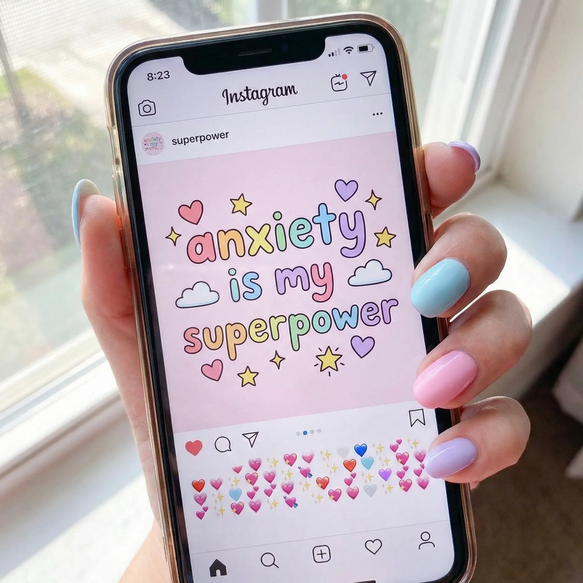 Smartphone screen showing a colorful aestheticized mental health social media post with pastel colors