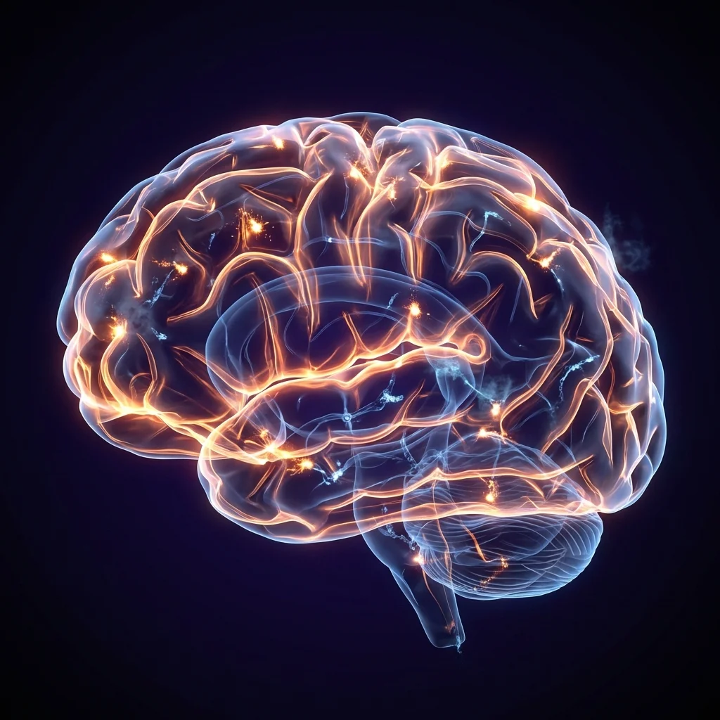 Abstract neural network visualization showing interconnected pathways and synaptic activity in warm and cool tones