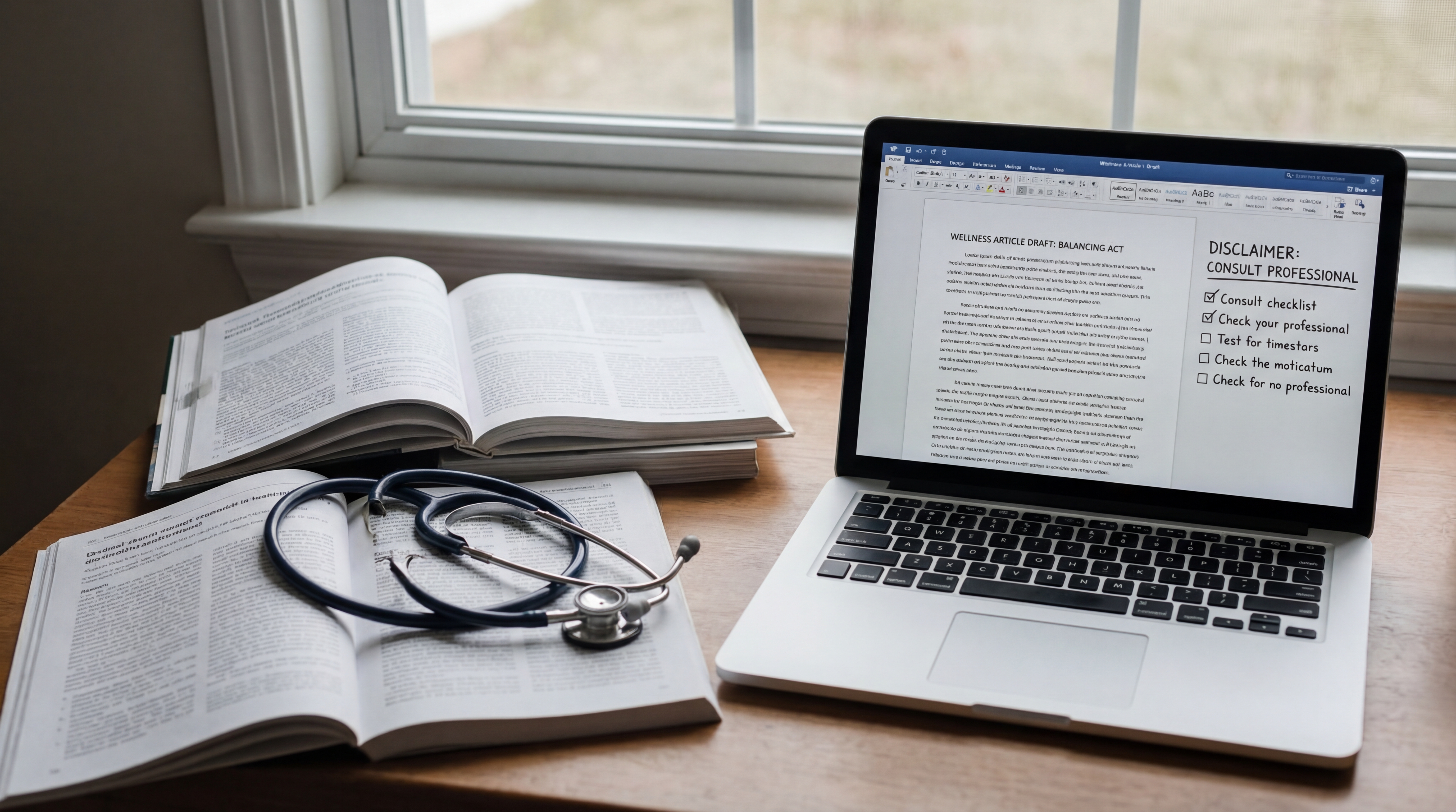 Editorial desk with medical research papers, stethoscope, and a visible health-content disclaimer checklist on a laptop.