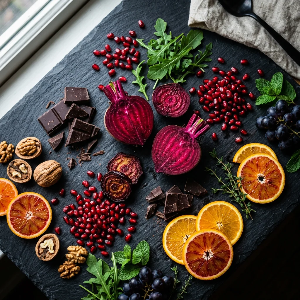 Colorful arrangement of nitric oxide boosting foods including beets, dark chocolate, pomegranate, walnuts, and citrus fruits on a dark slate surface