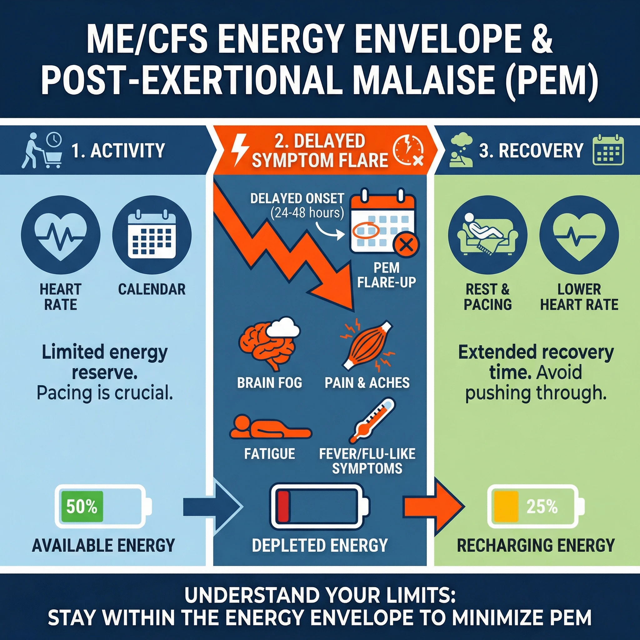 Infographic showing baseline energy limits, overexertion trigger, delayed post-exertional malaise crash, and paced recovery timeline.