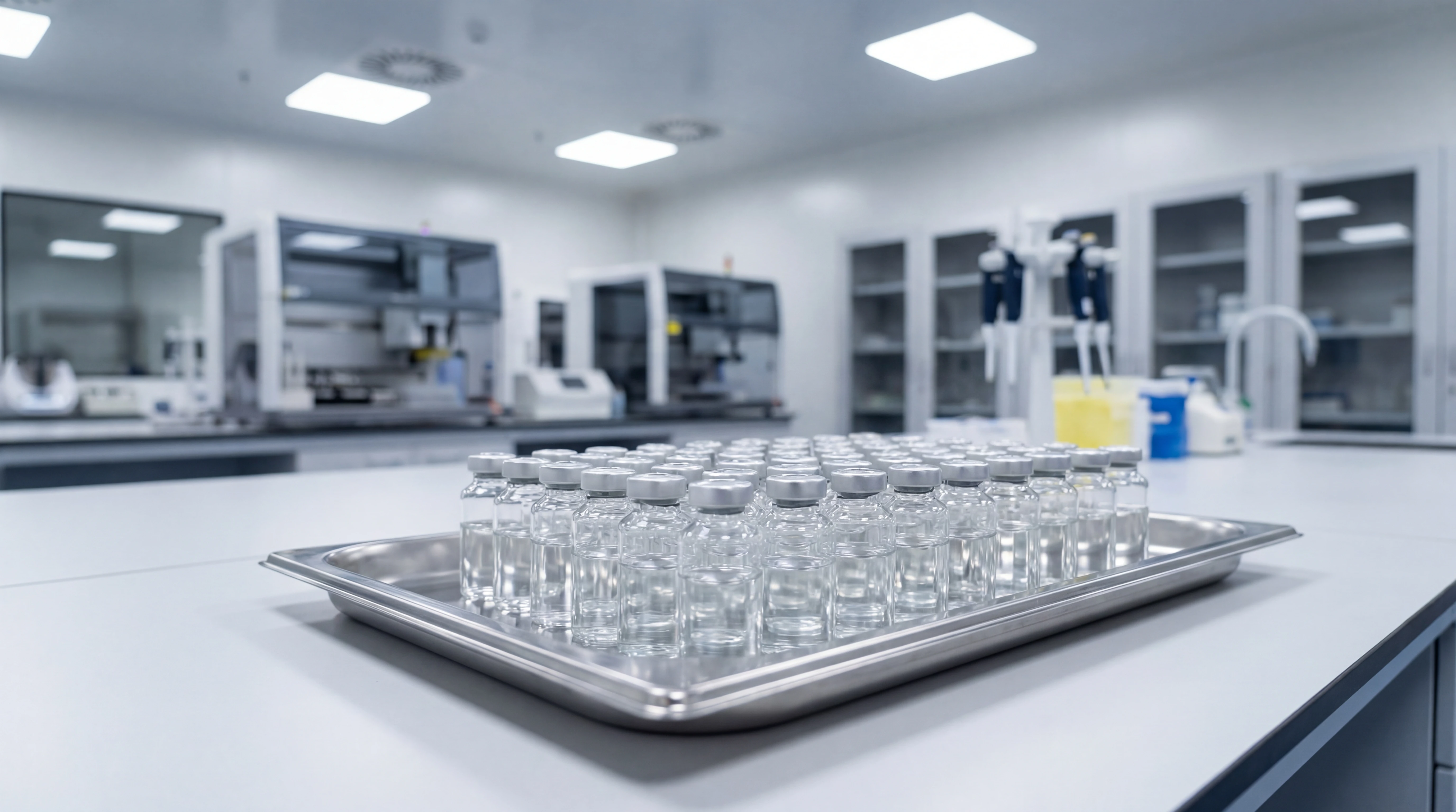 Medical research laboratory with vaccine vials and scientific equipment on a clean workstation