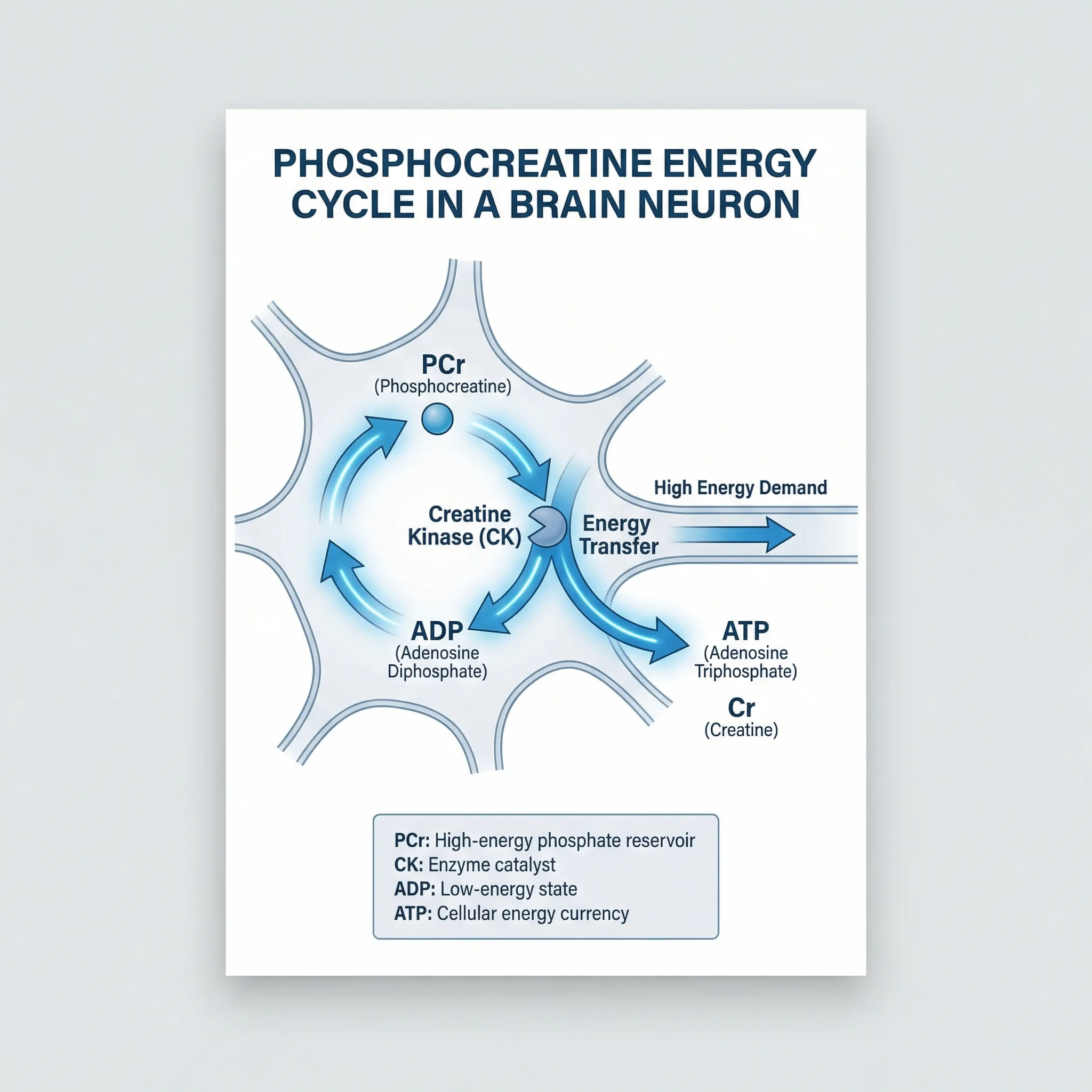 Infographic showing phosphocreatine cycling in brain neurons with ATP regeneration pathway