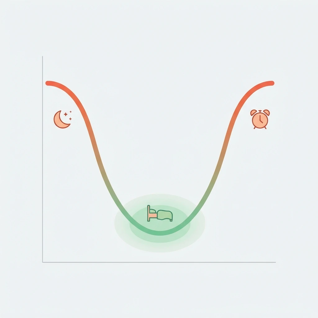 Infographic showing U-shaped curve of sleep duration versus mental health outcomes with optimal zone highlighted