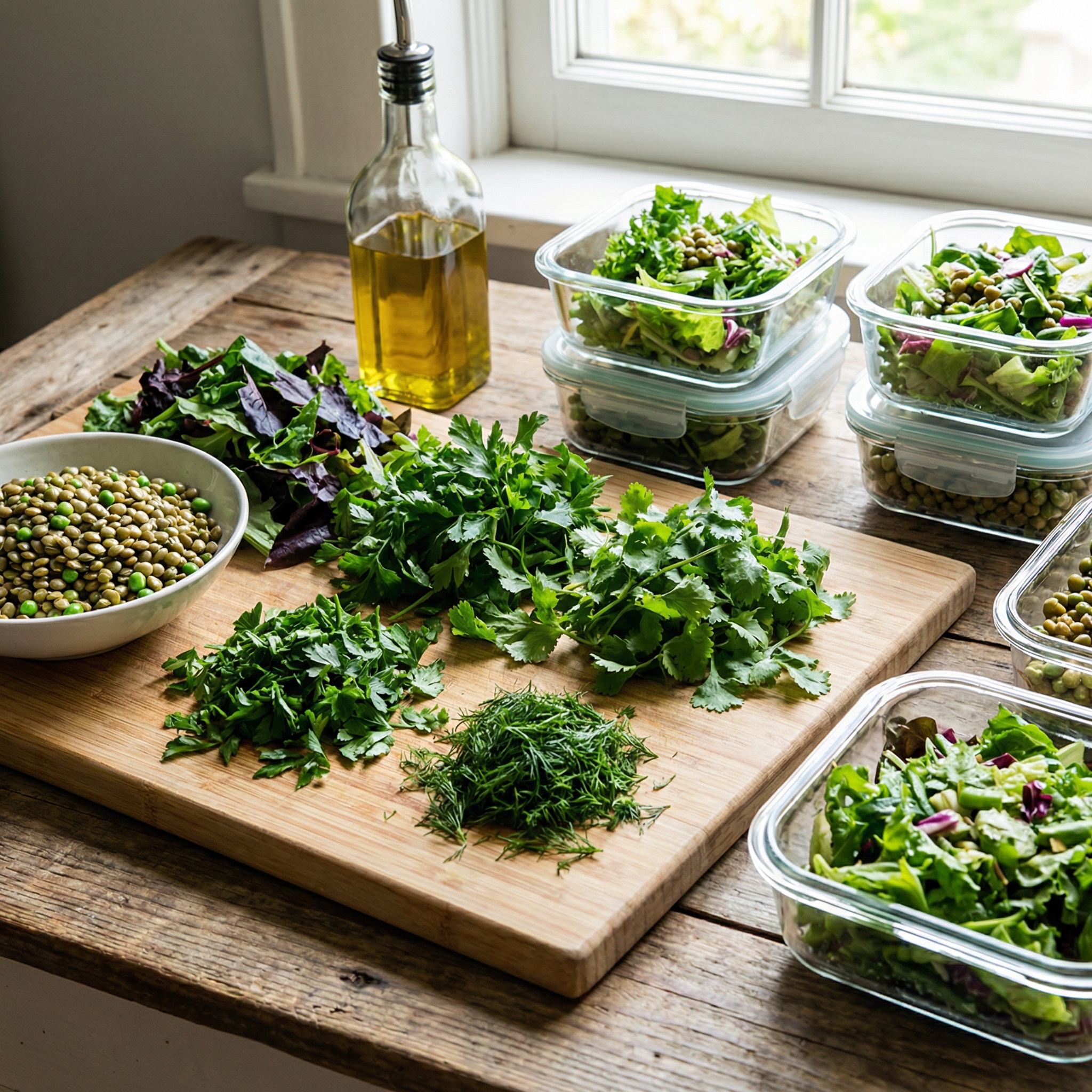 Healthy meal prep containers filled with green leafy salads, broccoli, and green smoothies.
