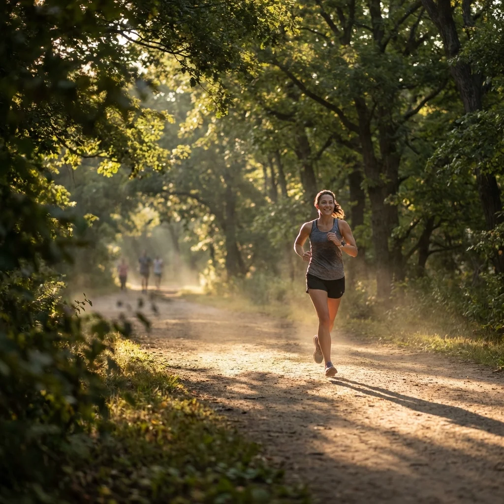 Person jogging along a tree-lined path in early morning light with dappled shadows on the ground