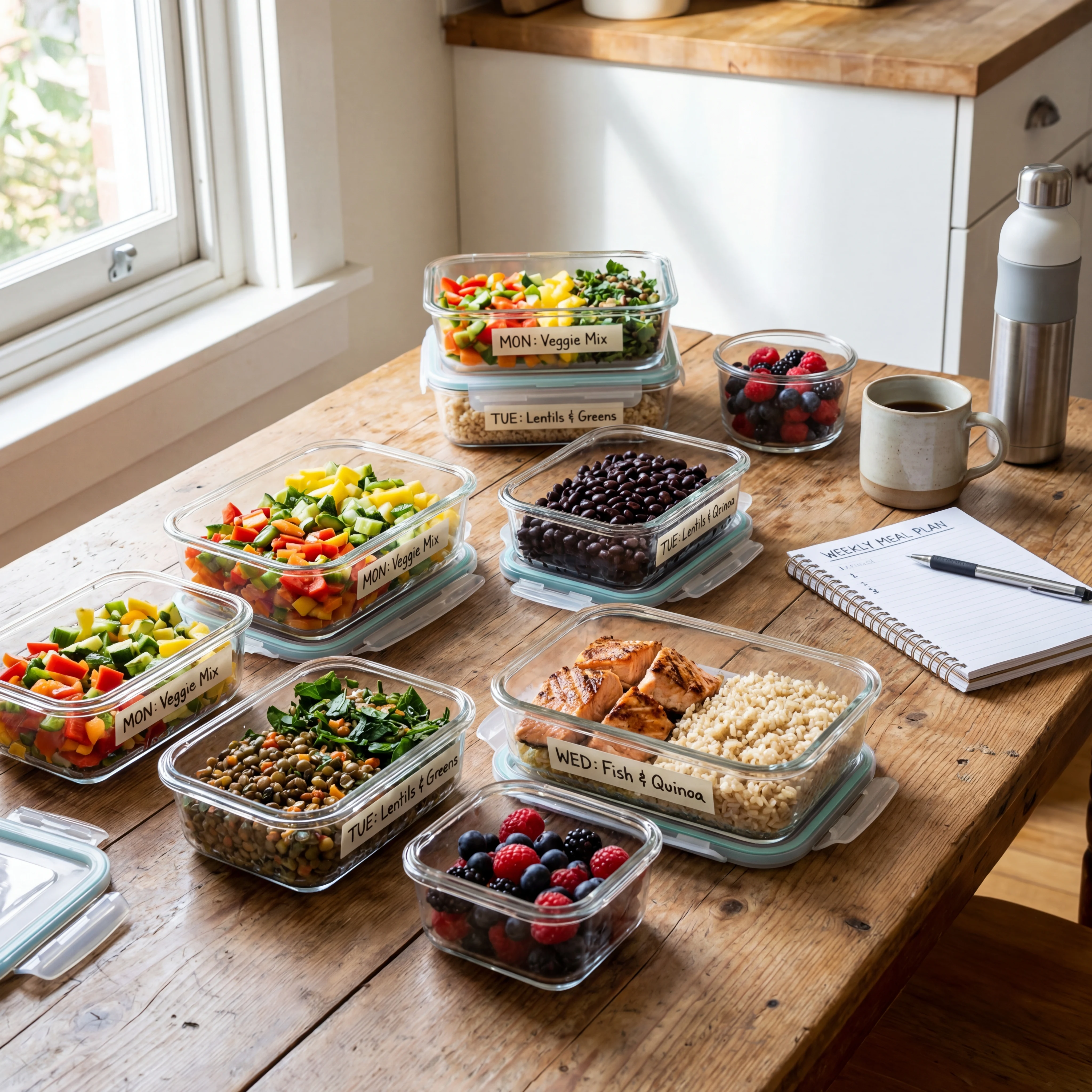 Weekly healthy meal prep with portioned protein, vegetables, legumes, and grains for calorie control